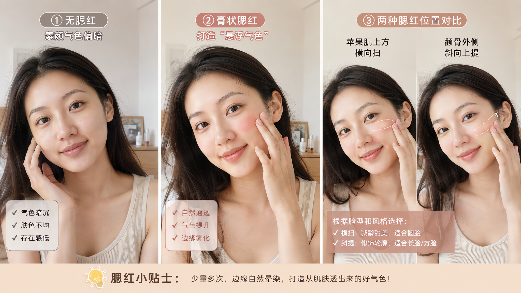 出汗也不蜡黄：膏状腮红3种位置画出悬浮气色