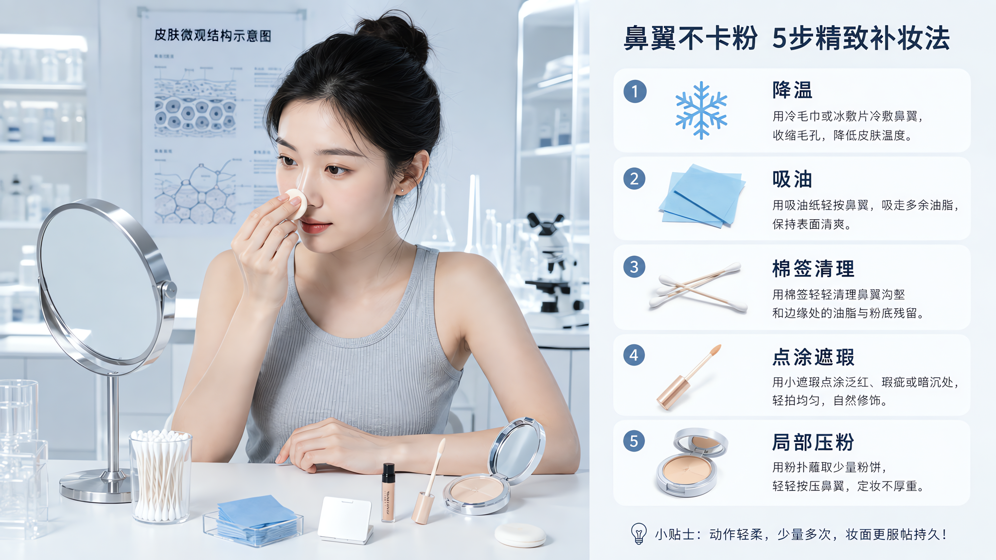 中国年轻女性在明亮现代的“实验室风”化妆台前,桌面摆放吸油纸、棉签、小遮瑕、局部粉饼与粉扑,女性正用