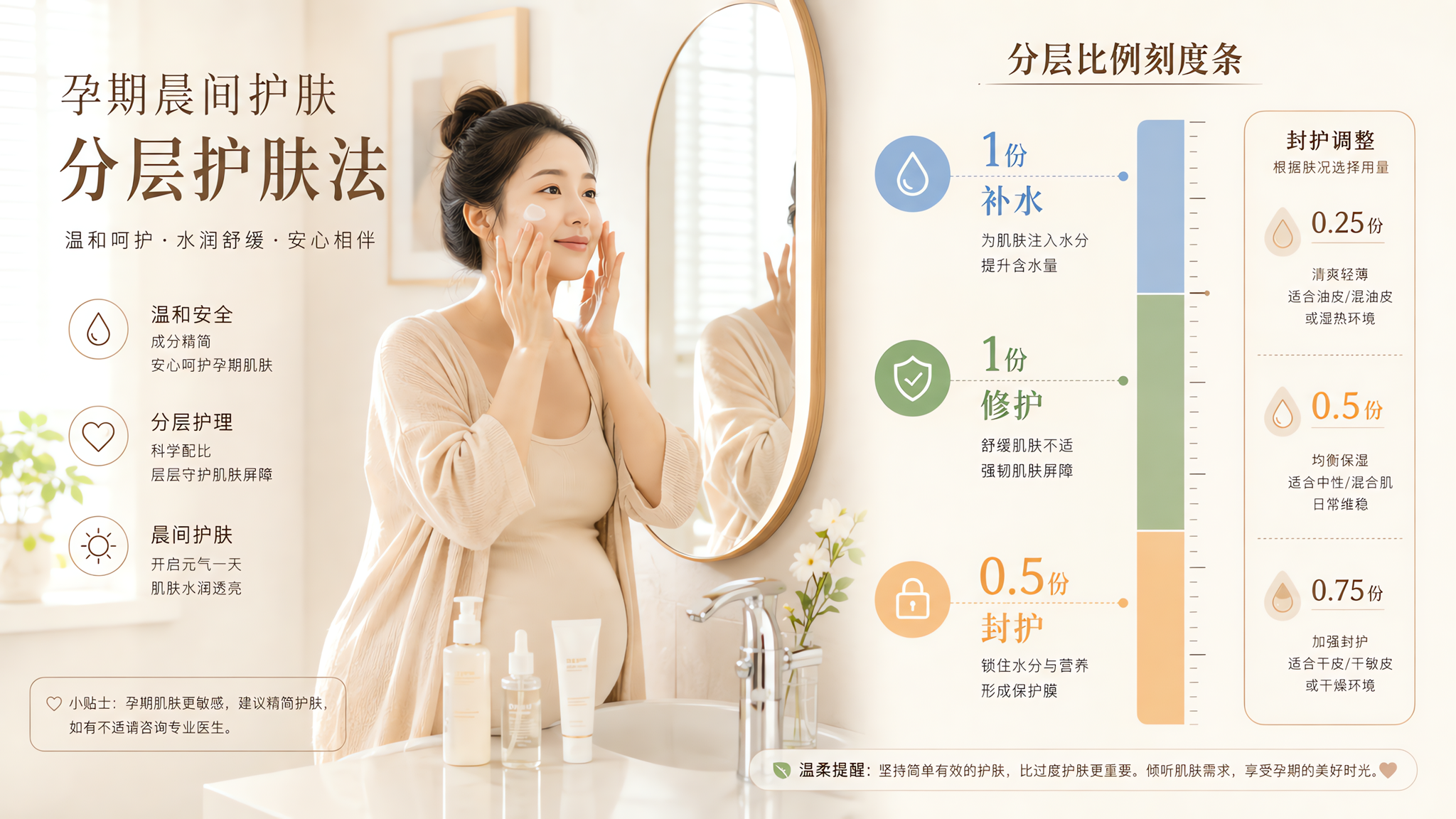 治愈系长图风格插画/信息图,中国孕期女性早晨在家中洗手台镜前进行护肤,人物温柔自然、无夸张妆容;画面