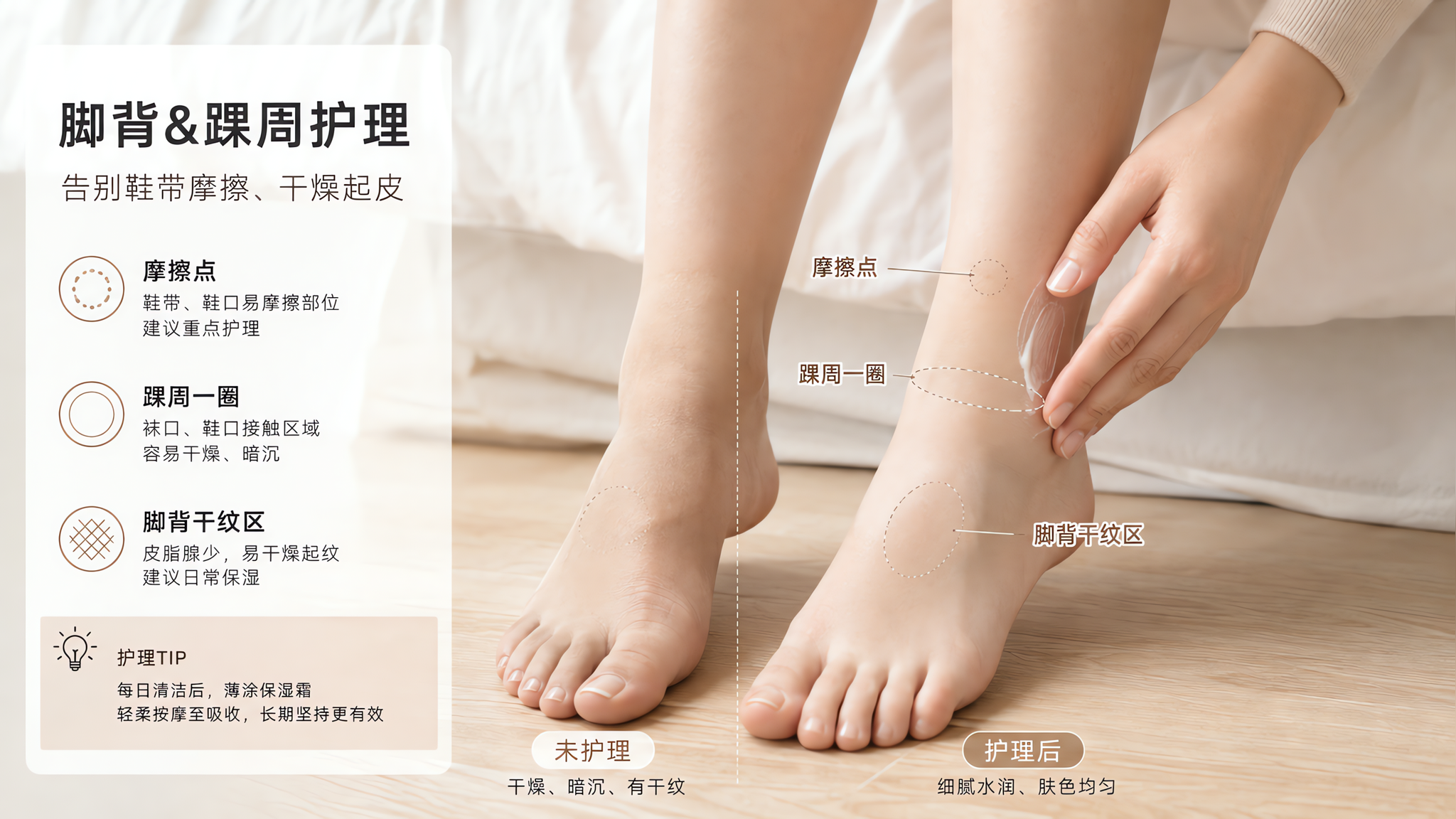 极简高质感生活方式摄影风格,一位中国年轻女性坐在明亮干净的卧室床边,腿部自然放松,镜头聚焦脚背与踝周