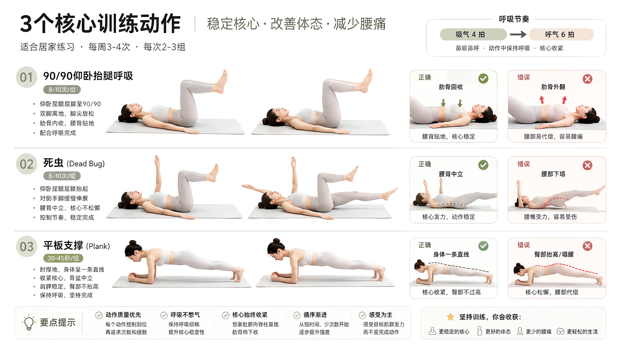 极简白底健身科普海报风格,场景为白色干净背景的摄影棚,一位中国年轻女性穿简洁运动服(浅灰/米白),在