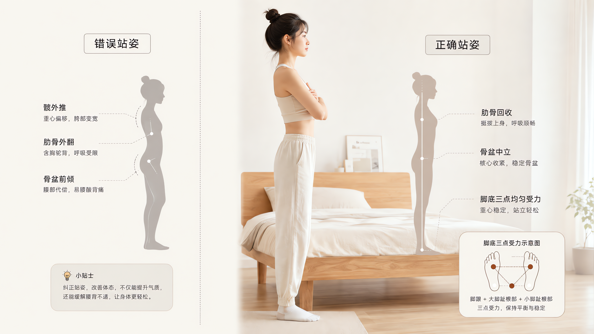 中国年轻妈妈在简洁的无印良品风客厅里,穿舒适家居运动服,站在床边做站姿纠偏动作;画面左侧为错误站姿剪