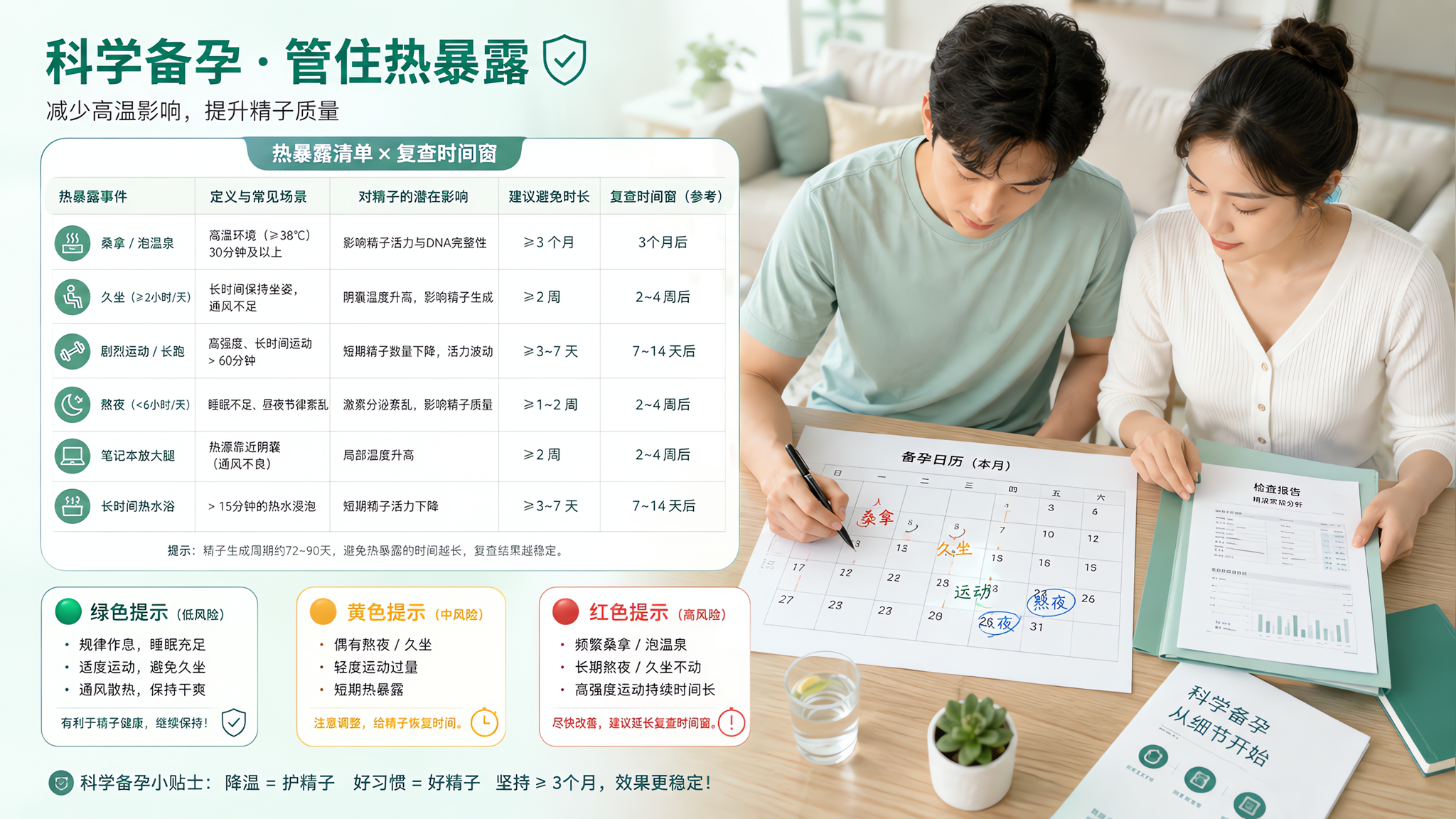 清爽薄荷绿科学风信息海报,一对中国年轻夫妻在客厅餐桌前查看检查报告与备孕日历,丈夫用笔在日历上标注“