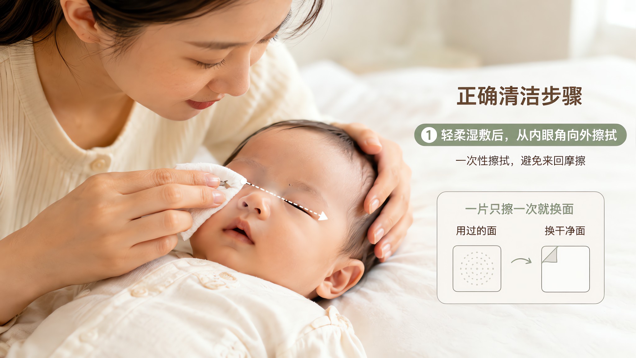 中国年轻妈妈在明亮整洁的卧室里给中国婴儿做眼部分泌物清洁护理，宝宝平躺在床上，妈妈一手轻托宝宝头部，