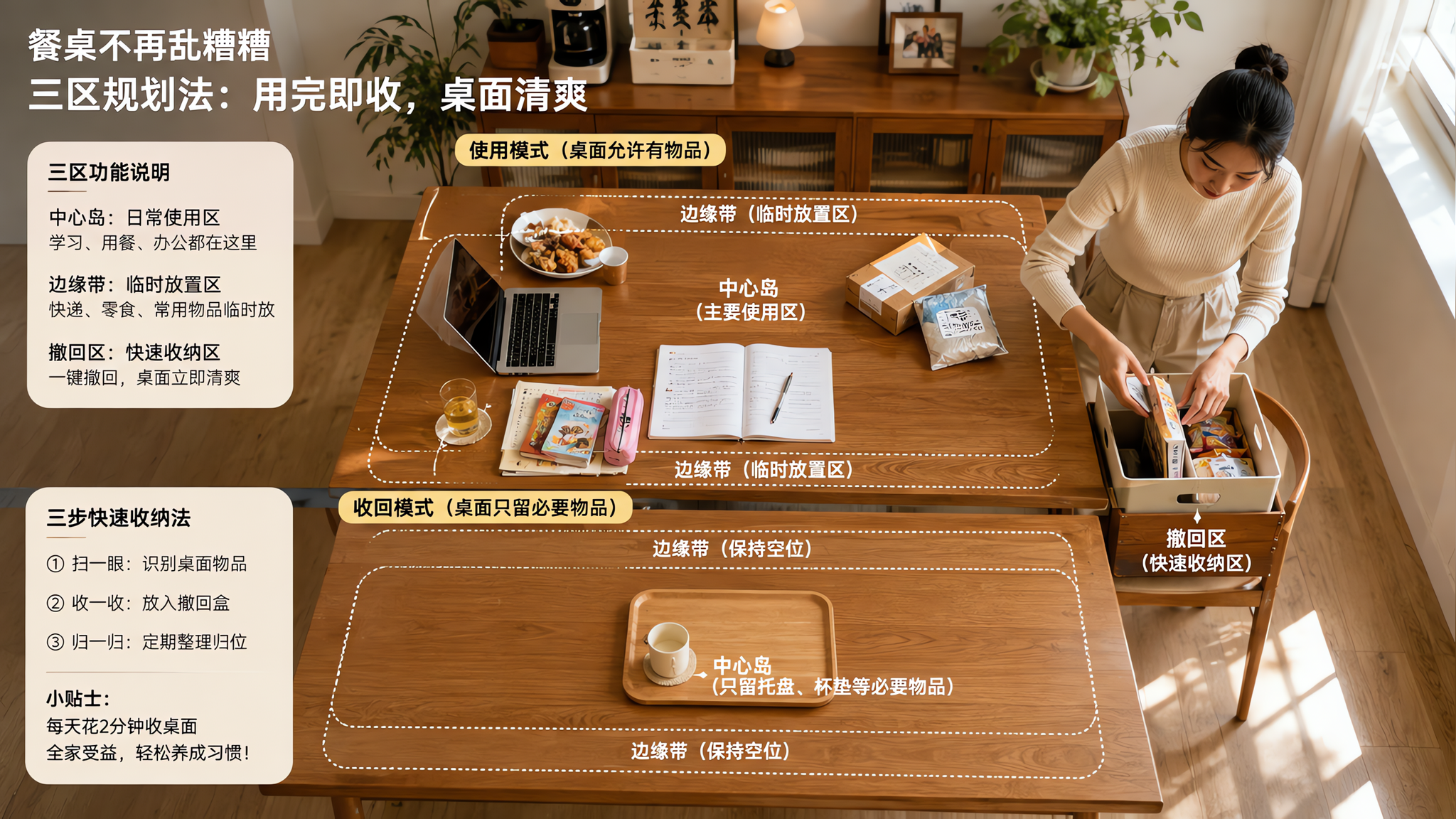 餐桌总像“全家控制台”？三层分区+60秒撤回法