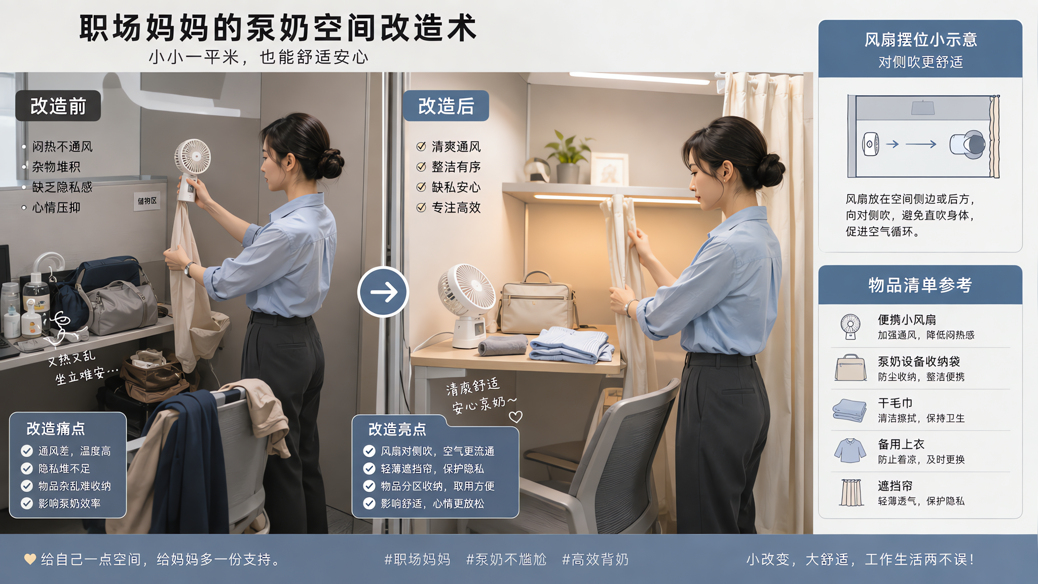 中国职场女性在公司小隔间/哺乳角落进行“泵奶空间改造”,人物穿中性通勤装,正在摆放便携小风扇与轻薄遮