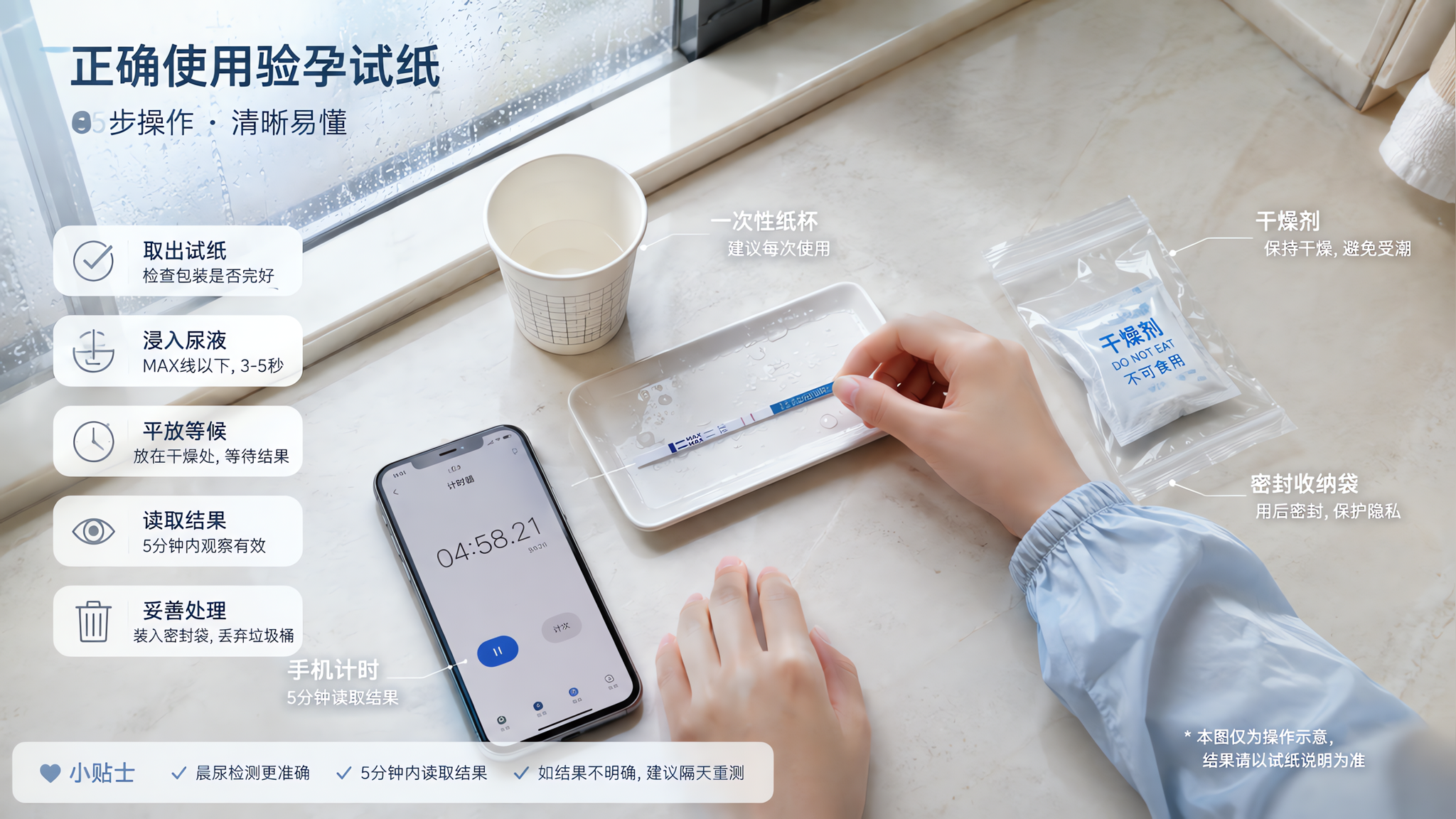 中国年轻女性清晨在家中卫生间门口的干燥区域进行验孕试纸操作,窗外细雨朦胧,人物穿着薄外套,手边放着一