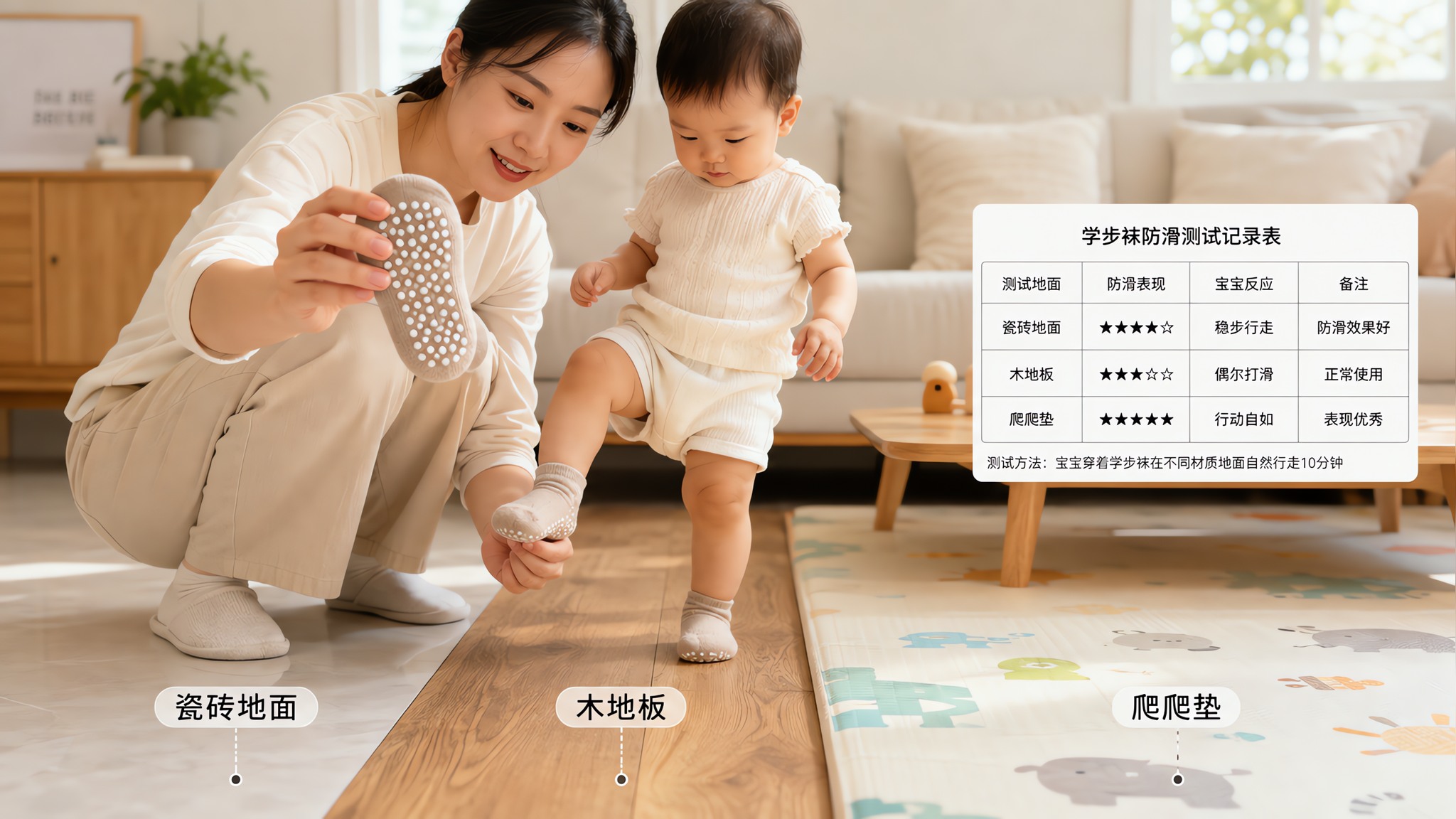 中国年轻妈妈在家中明亮客厅里,蹲着为一名中国学步期幼儿穿防滑学步袜,旁边地面展示三种材质区域对比(瓷