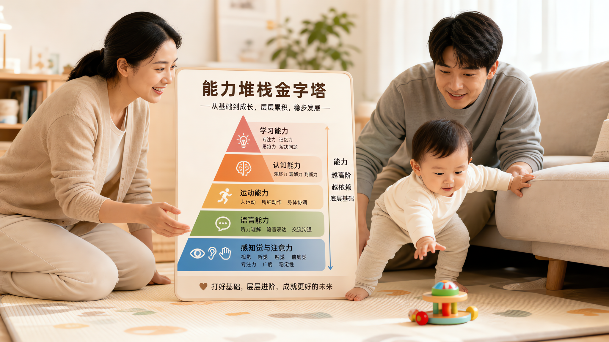 中国年轻父母与一名中国1岁左右幼儿在明亮温馨的客厅地垫上玩互动游戏，父母蹲坐在旁边保护与引导，幼儿扶