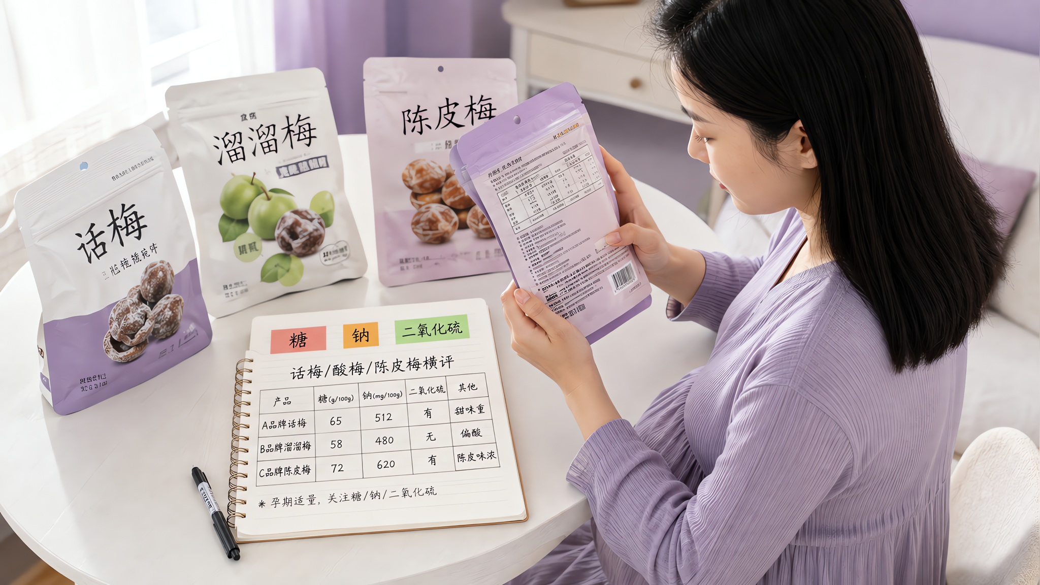 中国年轻孕妇坐在家中餐桌旁,桌面放着几袋话梅/酸梅/陈皮梅的包装,孕妇用手拿起一袋认真查看营养成分表