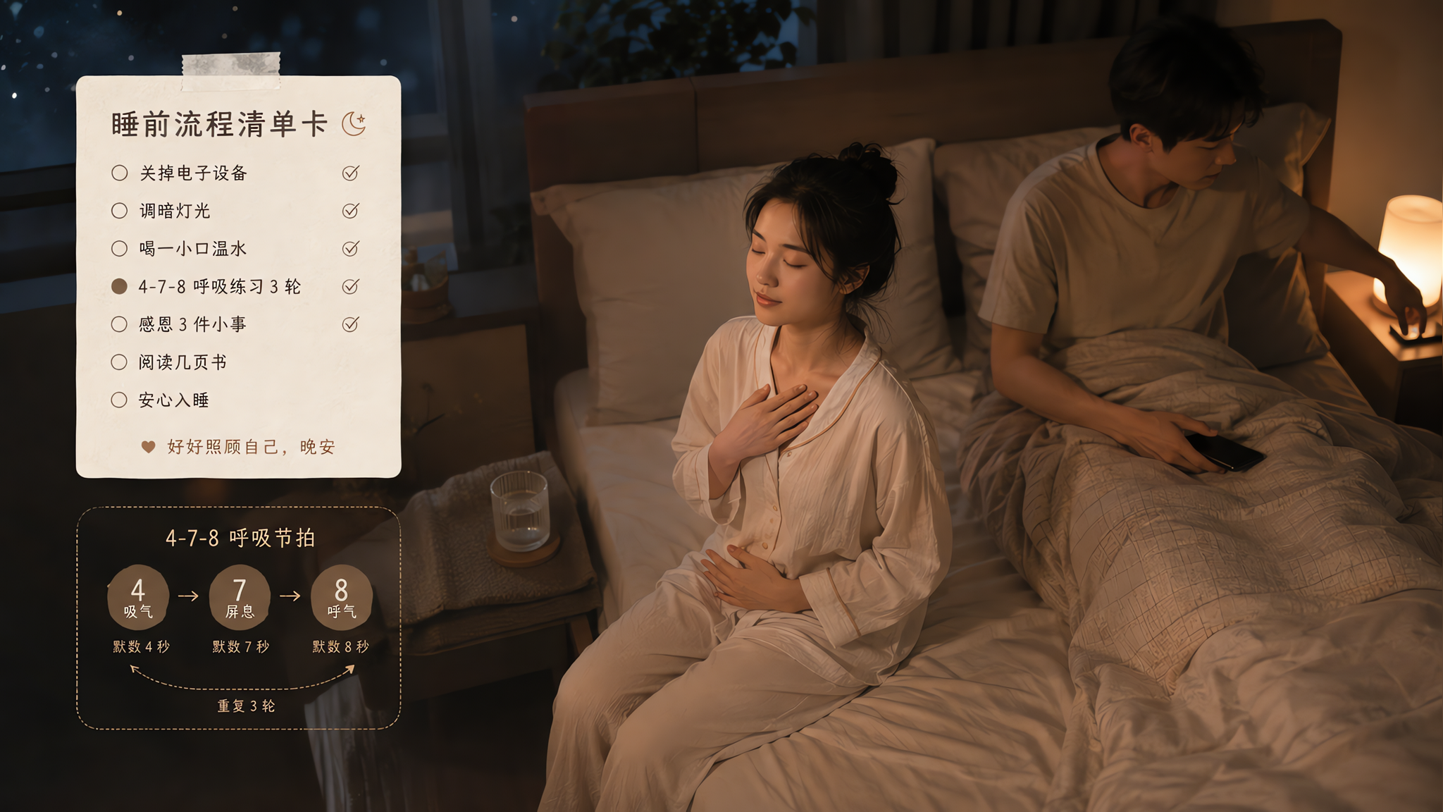 中国年轻夫妻在夏夜卧室中准备入睡的生活场景,女生穿舒适家居服坐在床边做缓慢呼吸练习,男生在旁边轻轻关