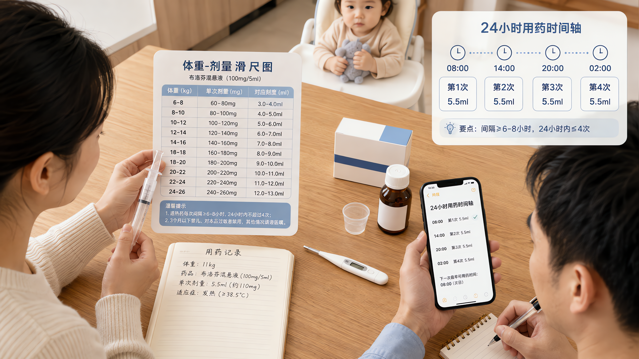 画面为中国年轻父母在家中餐桌前为中国幼儿准备退热药的场景，妈妈手持口服注射器对照“体重-剂量滑尺表”