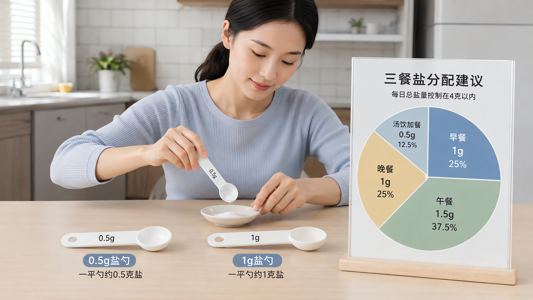 低饱和蓝白配色的临床量化风健康科普配图,中国年轻妈妈在家中餐桌旁,桌面放着0.5g盐勺与1g盐勺(清