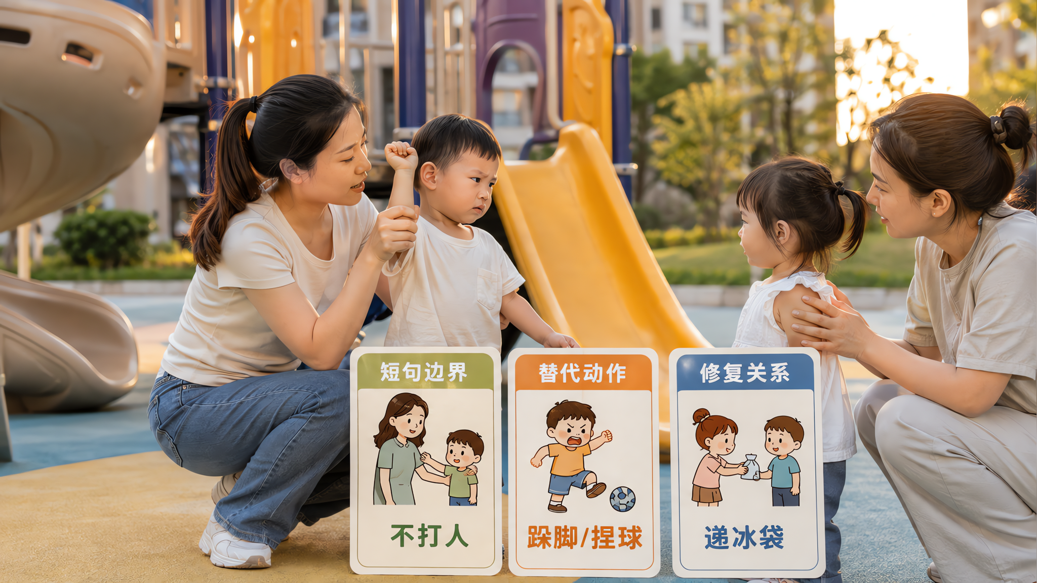 中国年轻父母在小区儿童游乐场(滑梯旁)进行温和但坚定的行为引导场景,中国妈妈半蹲在中国2-3岁幼儿旁