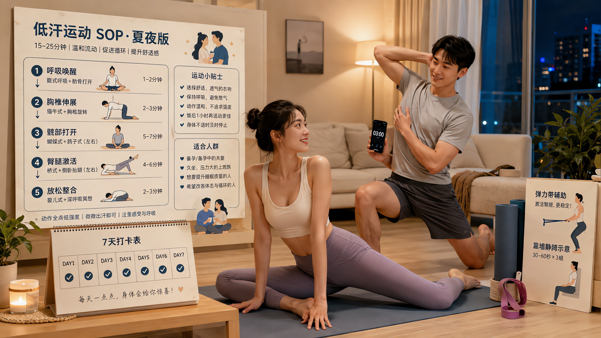 中国年轻夫妻在夏夜的家中客厅一起做低汗运动SOP的场景,人物为中国年轻女性与中国年轻男性,穿轻薄居家