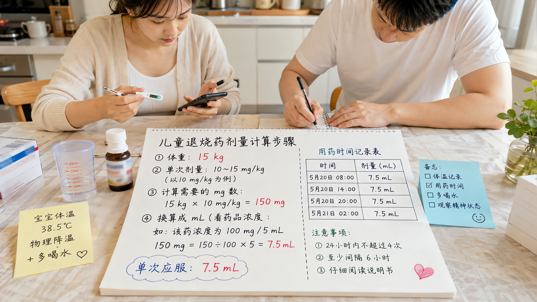 中国年轻父母在家中明亮整洁的厨房餐桌旁,妈妈拿着体温计和手机计算器,爸爸手写记录用药时间表,桌面上摆