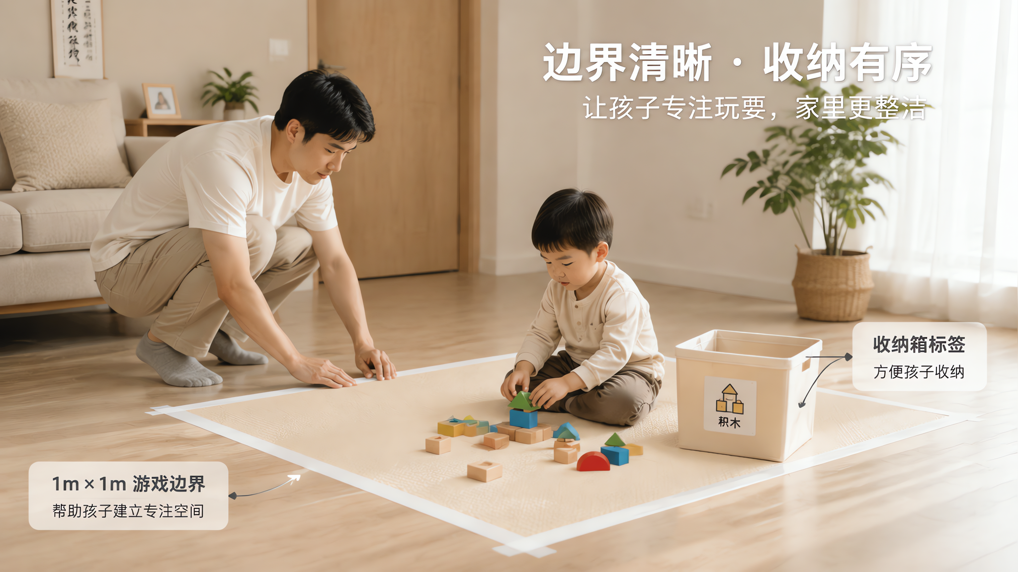 明亮整洁的中国家庭客厅一角,中国年轻爸爸蹲在地上用浅色地胶贴出1m×1m方形边界,边界内铺着浅米色游