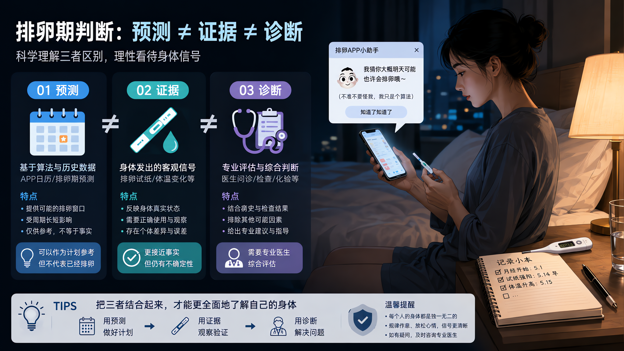 冷色系科技风信息图海报场景,一位中国年轻女性坐在酒店床边夜晚开着床头灯,手里拿手机看排卵APP弹窗,