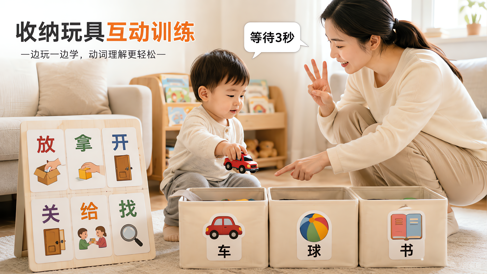 中国年轻妈妈与1-2岁中国幼儿在家庭客厅进行收纳玩具互动训练,地面有玩具收纳箱和三类收纳贴纸(车、球