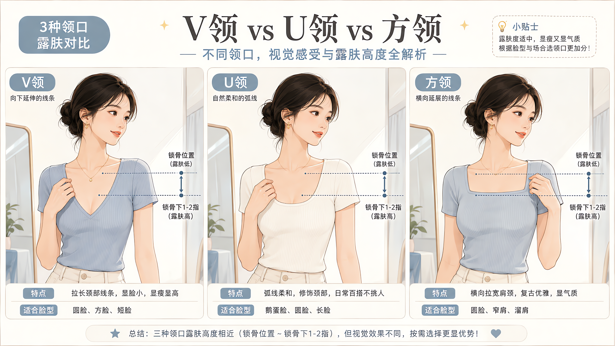 三分屏对比插画风海报,场景为明亮简洁的室内试衣镜前,一位中国年轻女性上半身同角度对比三种领口:V领、