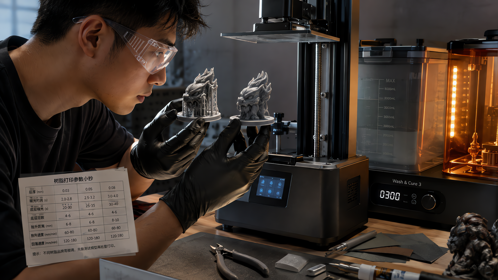 中国年轻男性模型玩家在家用工作台前调试桌面级树脂3D打印机与后处理流程,人物戴防护手套与护目镜,正在