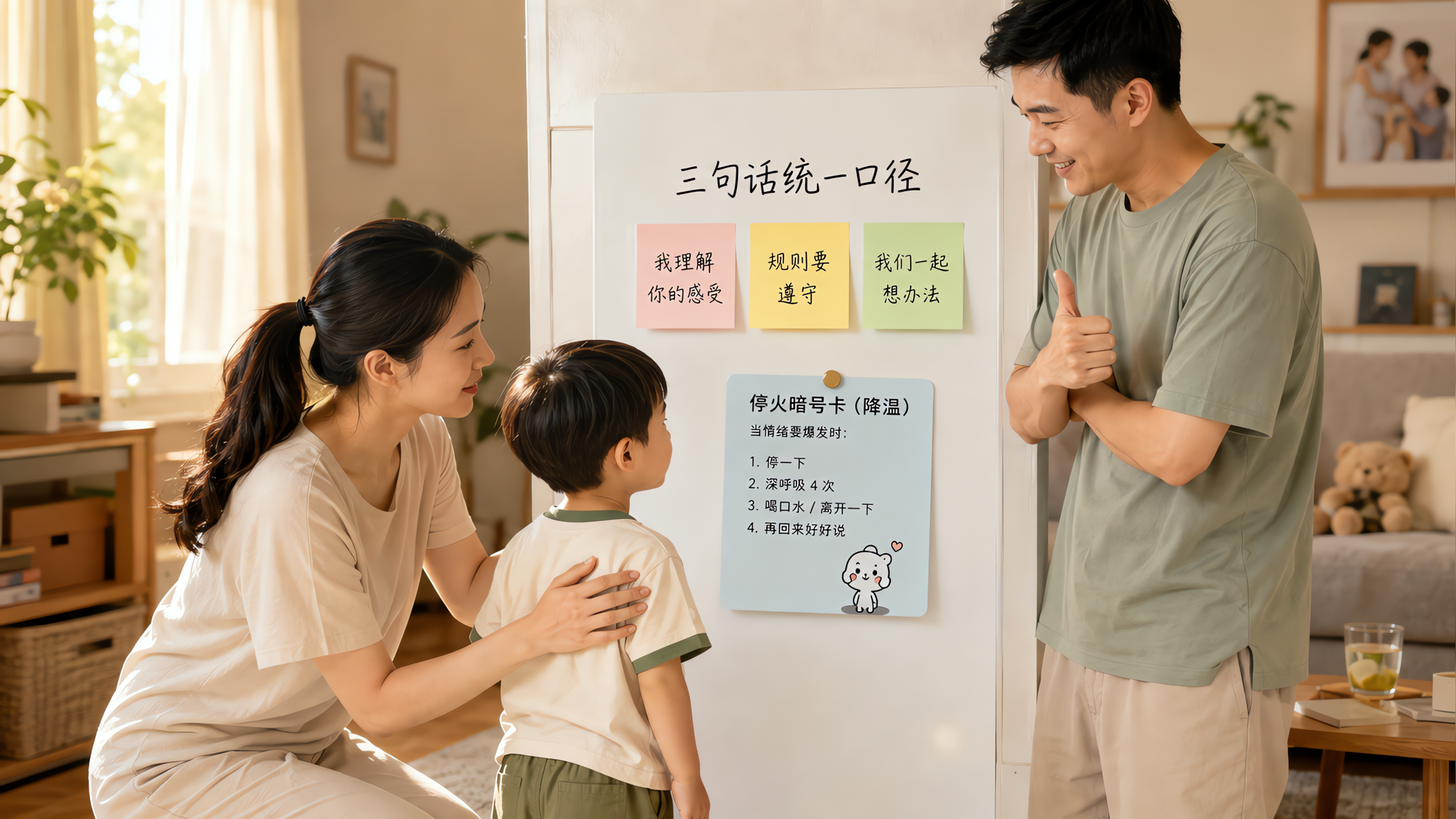 中国年轻父母与一名中国学龄前儿童在家中客厅场景,父母站在一起形成统一阵线,妈妈轻扶孩子肩膀安抚,爸爸