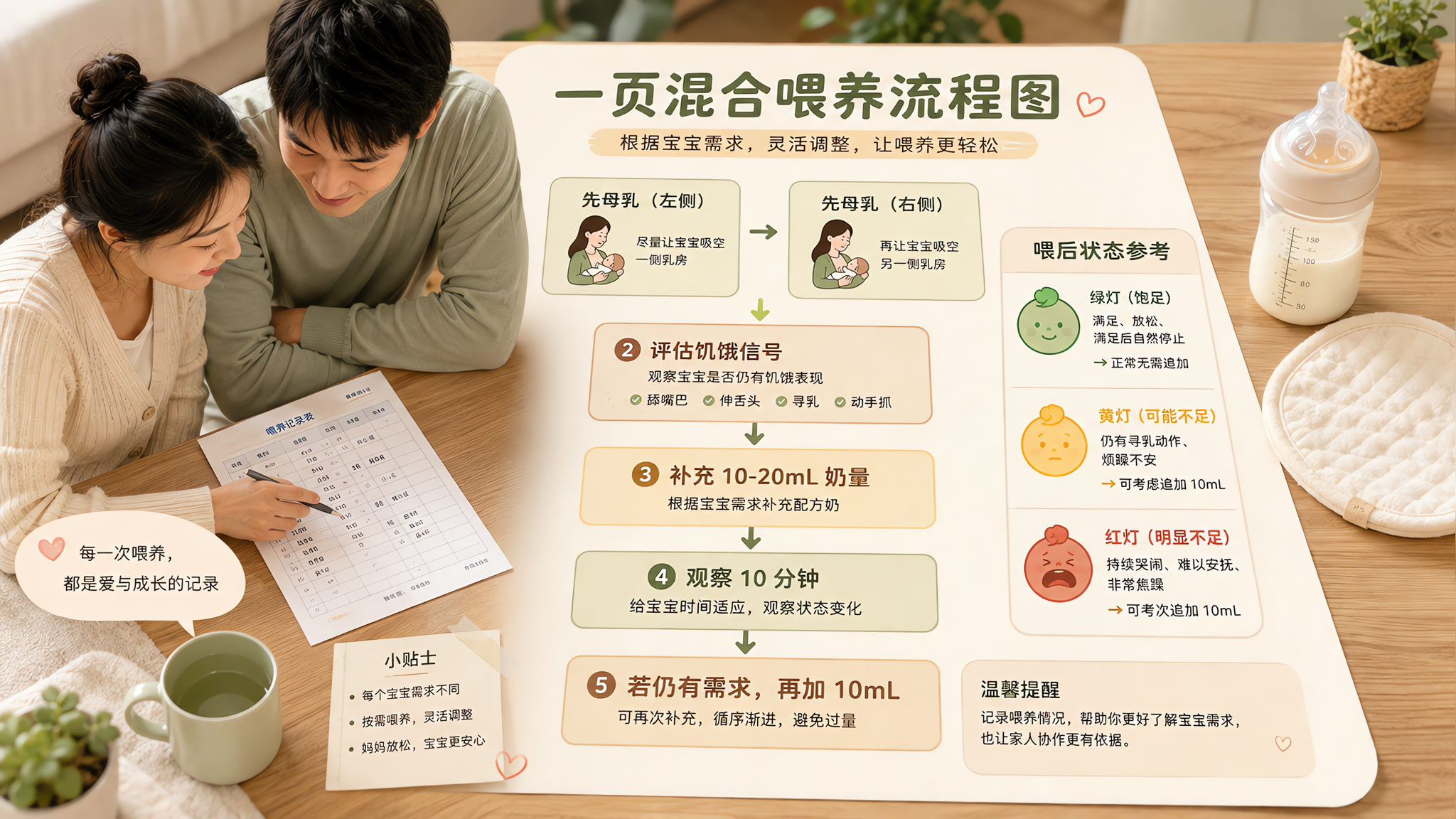 混合喂养一页表：先母后粉，补量10mL阶梯不喂撑