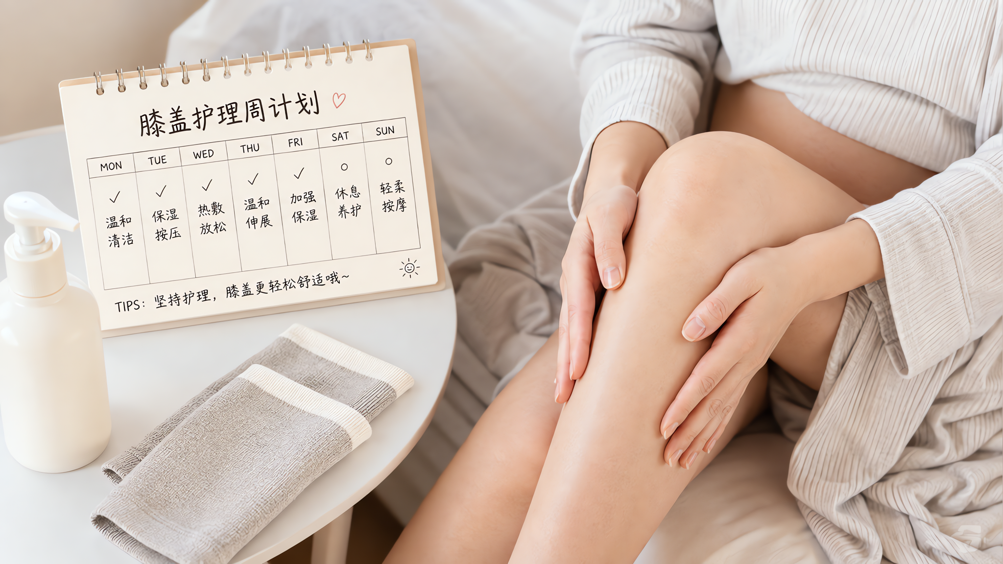 中国年轻孕妇坐在明亮整洁的卧室床边,穿着宽松居家服,腿部自然摆放,镜头仅拍到腰部以下与手部,人物用手