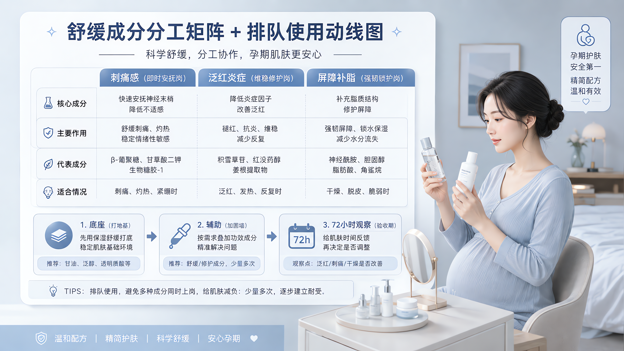 冷静蓝灰色调的科普信息图风格插画,画面中心是一张“舒缓成分分工矩阵+排队使用动线图”,包含三列岗位标
