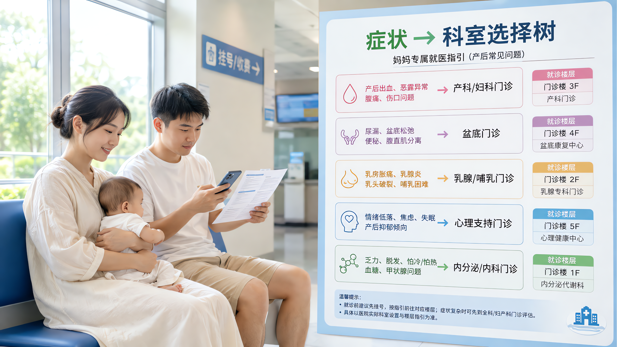 中国年轻妈妈抱着婴儿坐在医院门诊候诊区,旁边中国年轻爸爸拿着手机和纸质清单在核对挂号科室与楼层指引,
