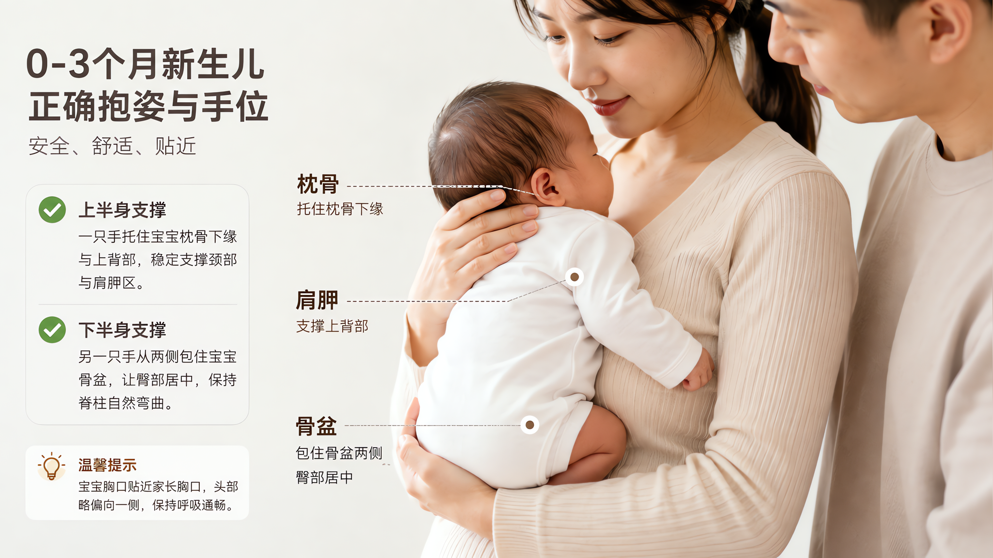 中国年轻父母在干净明亮的家中，近景特写展示抱持0-3个月中国新生儿的正确手位，宝宝胸口贴近家长胸口，