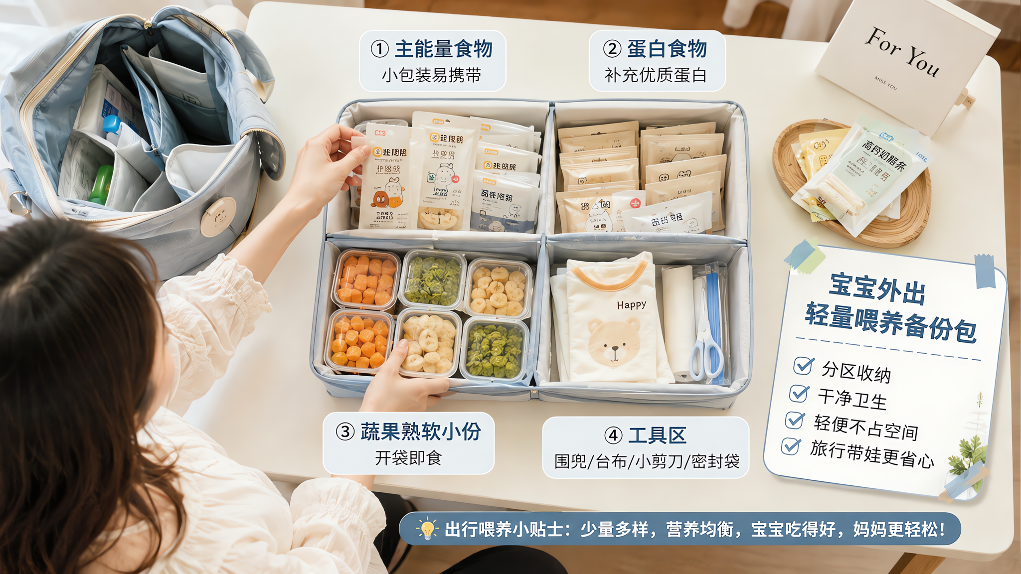 俯拍平铺构图，中国年轻妈妈在酒店桌面上整理“宝宝外出轻量喂养备份包”，画面中央是分区收纳袋分成四格：