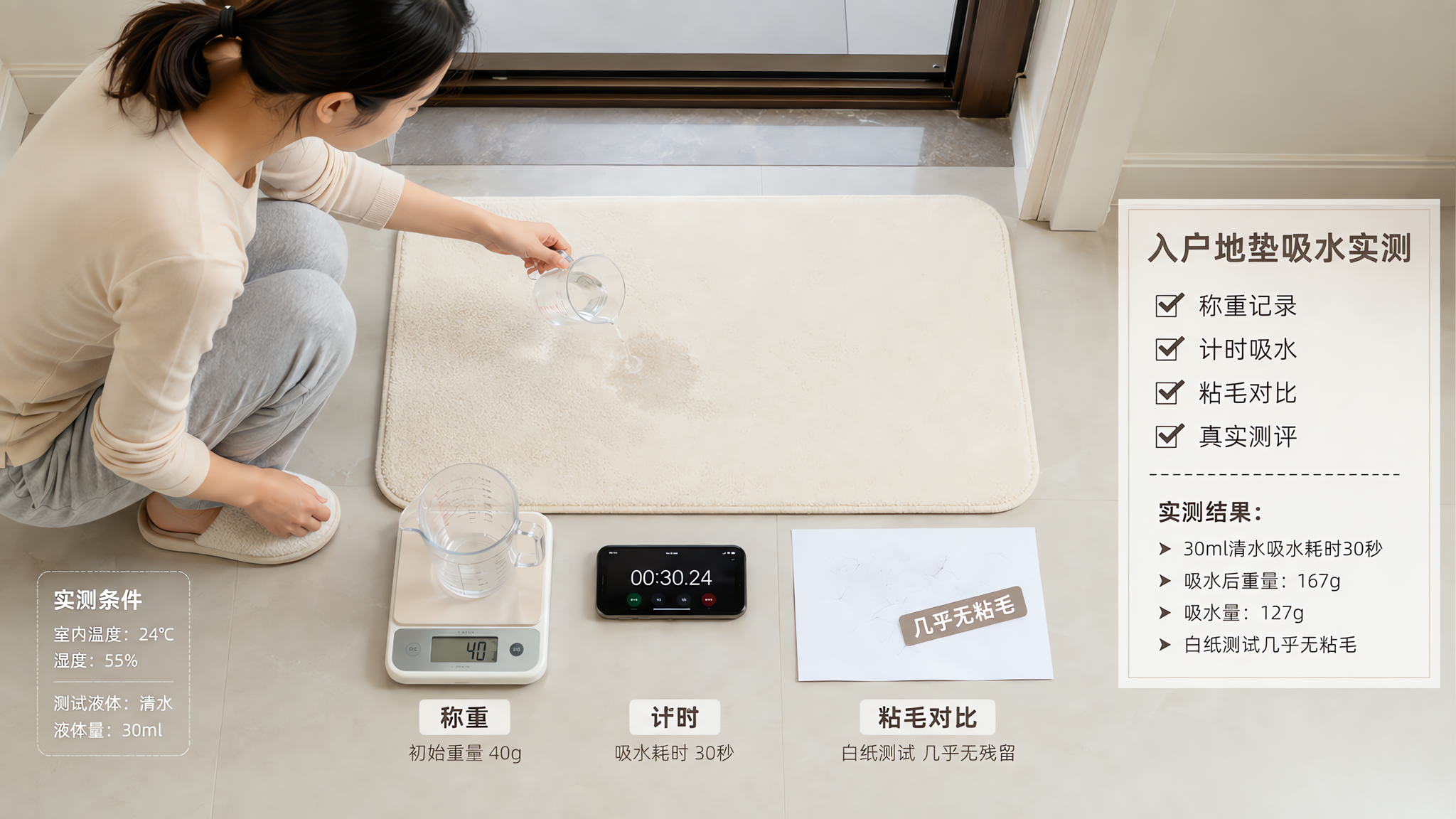 中国年轻妈妈在明亮整洁的玄关区域做地垫实测,画面中有一块浅色入户地垫放在地面上,旁边有厨房电子秤、量