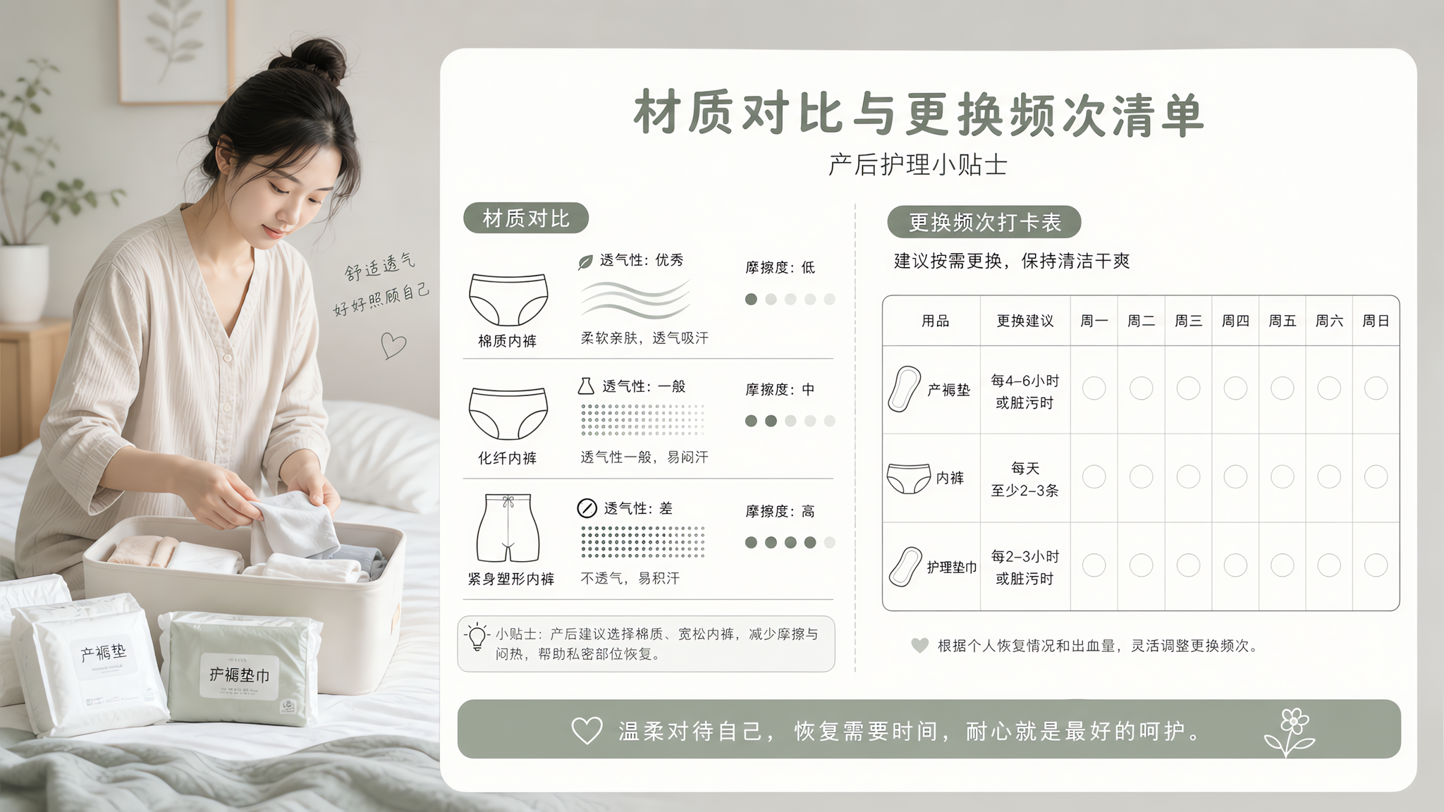 极简科普插画风格的画面,室内柔和自然光下,一位中国年轻妈妈(产后居家形象,穿宽松家居服)在床边整理护