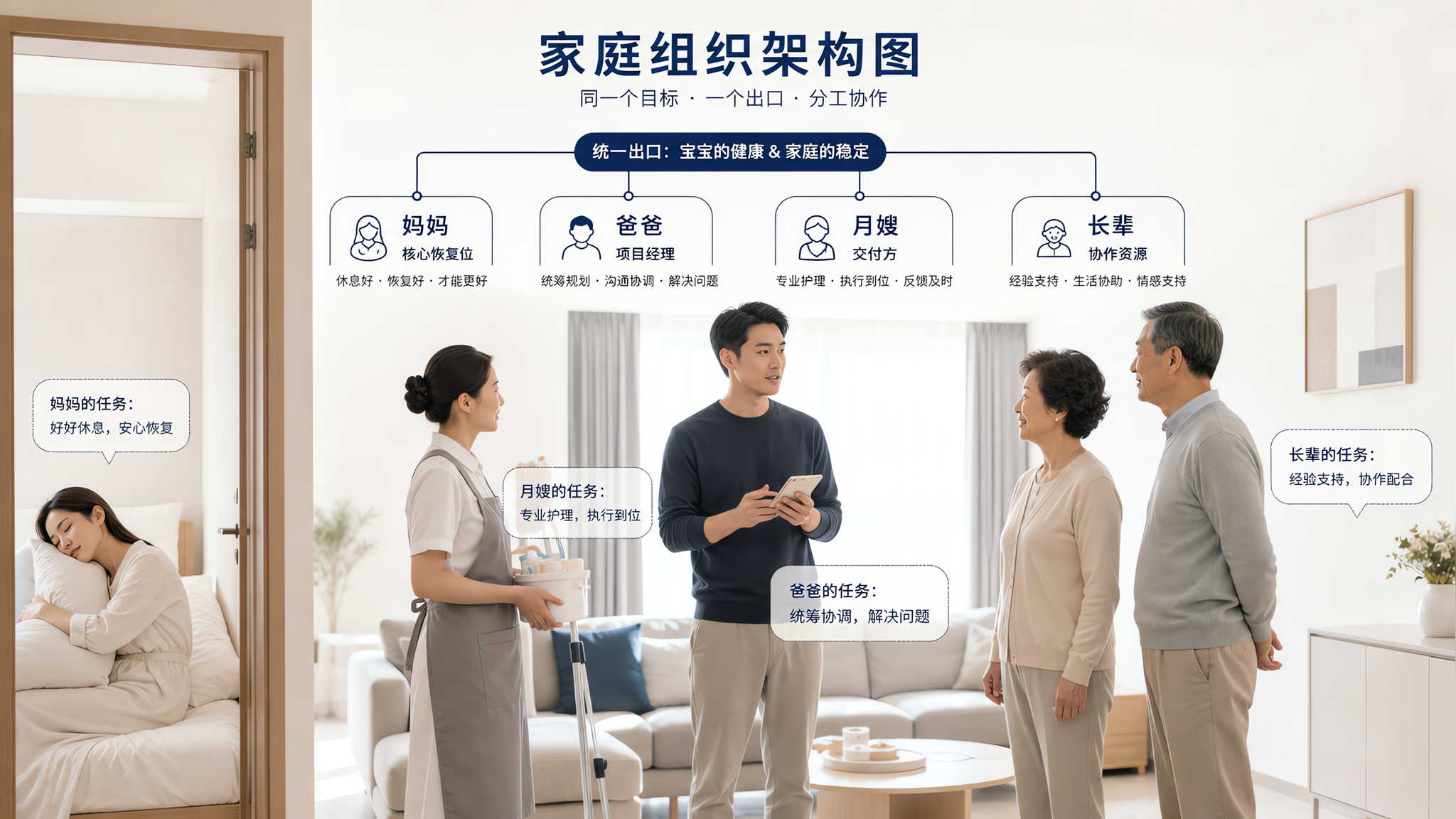 中国家庭客厅场景,极简信息海报风格画面;中国年轻妈妈坐在卧室门口的床边轻靠枕头、表情疲惫但放松,代表