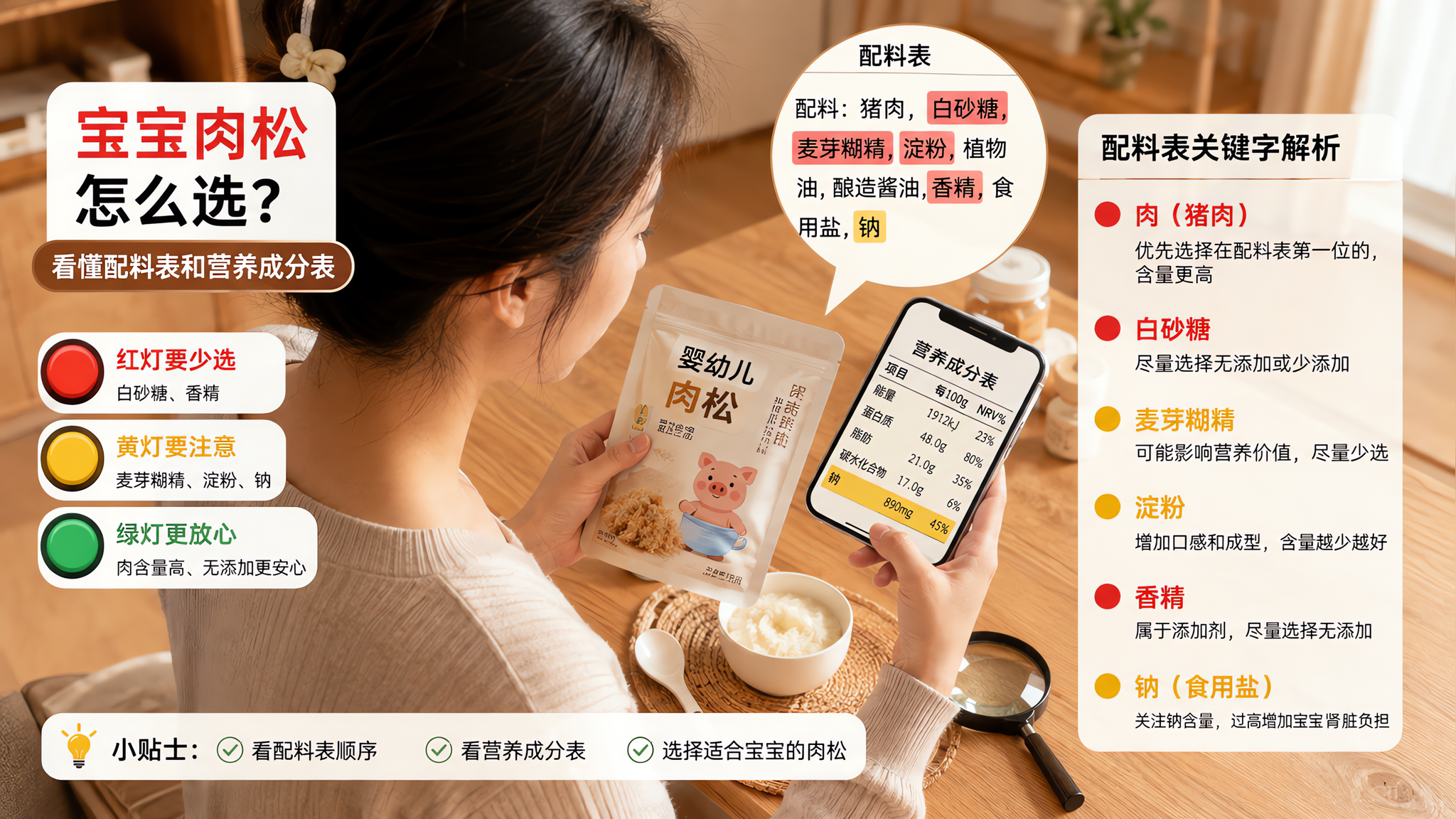 中国年轻妈妈在家中餐桌旁,用手拿着一袋婴幼儿肉松产品,另一只手用手机放大查看配料表和营养成分表,桌面