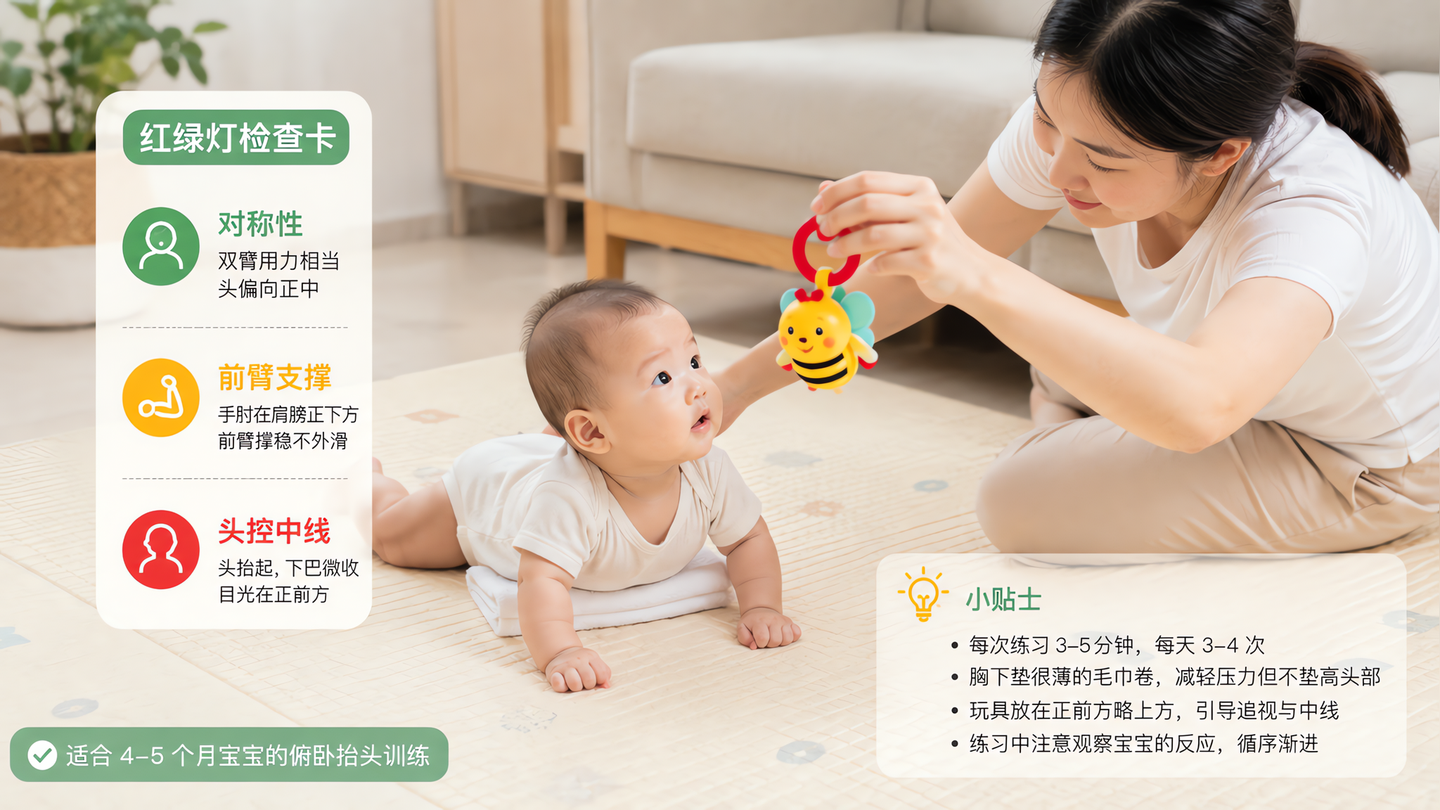 中国年轻妈妈在夏季明亮客厅地垫上给中国4-5个月婴儿进行俯卧抬头训练观察，婴儿趴在较硬的爬爬垫上以前