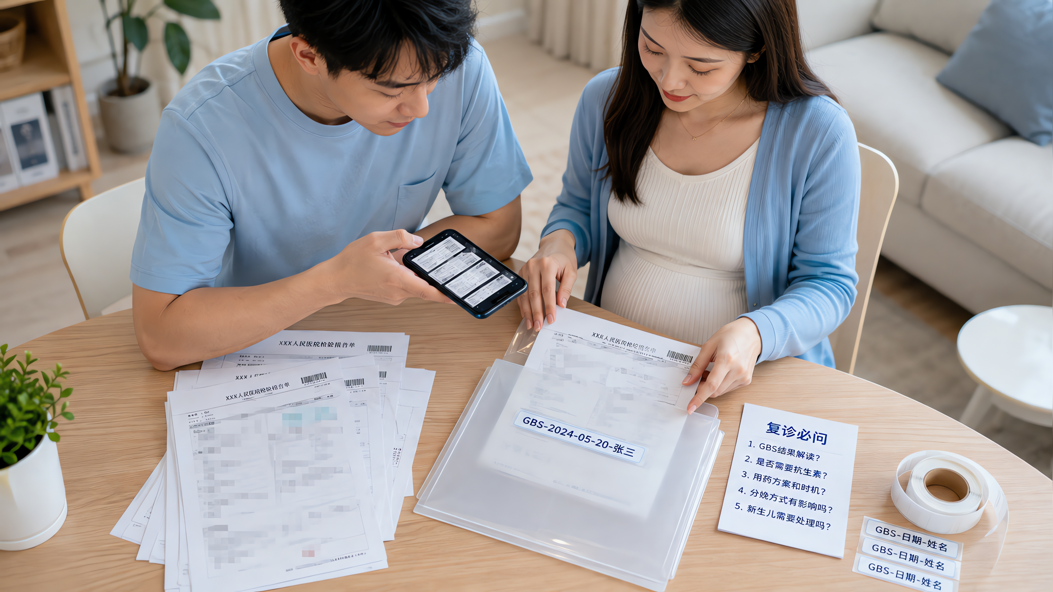 中国年轻孕妇与年轻准爸爸在家中餐桌旁整理医院检查报告，桌面上有打码的医院化验单、透明文件夹、标签贴纸
