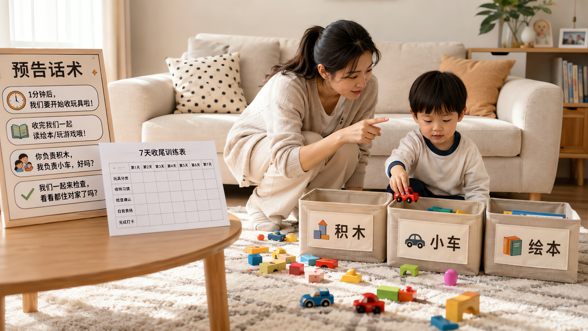 明亮整洁的中国家庭客厅场景,地毯上散落少量积木与小车,一位中国年轻妈妈蹲下与一位中国幼儿一起收玩具,
