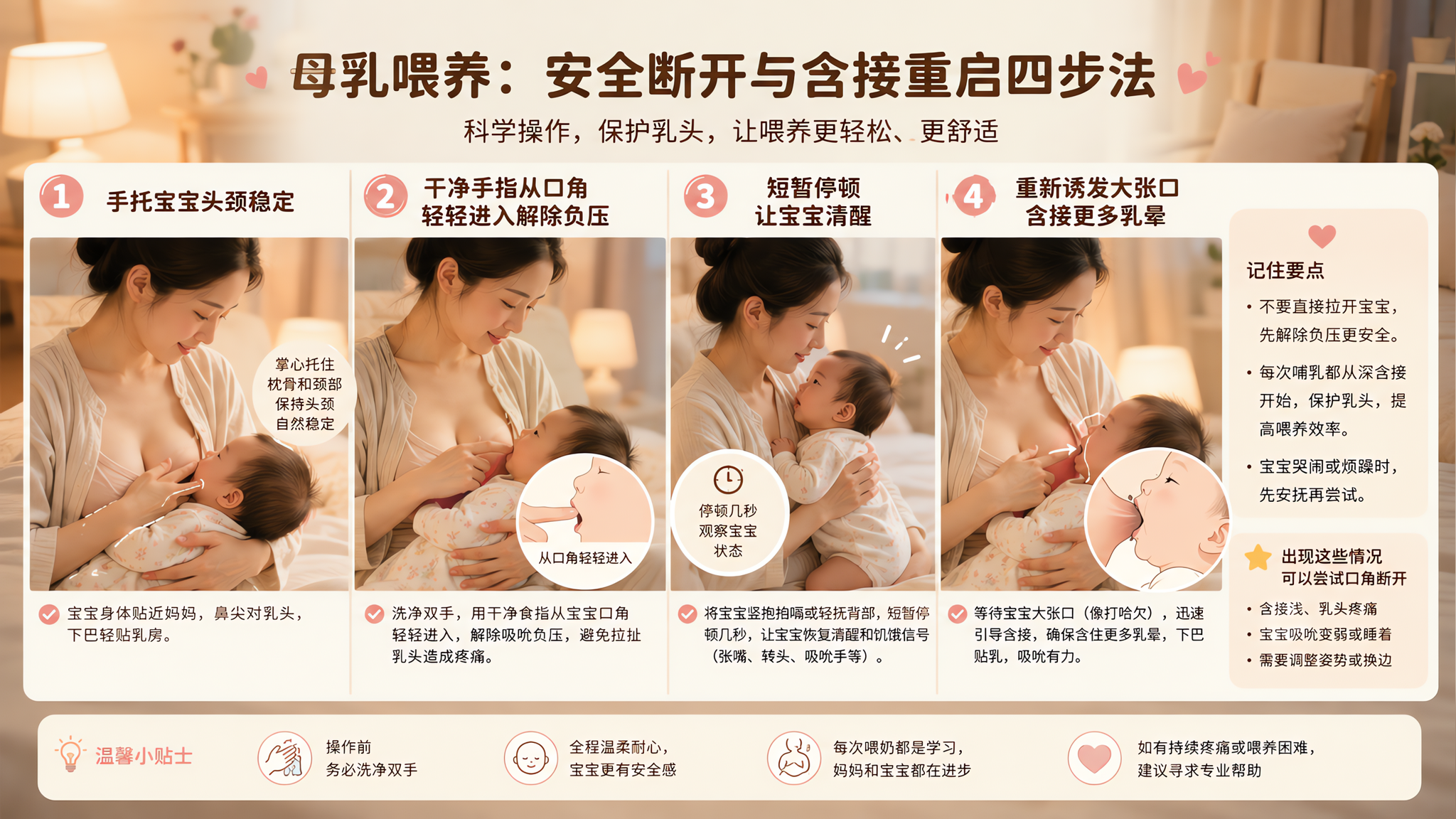 中国年轻妈妈在卧室夜间柔和台灯光下进行母乳喂养教学示意，画面分镜或信息图风格：展示“手托宝宝头颈稳定