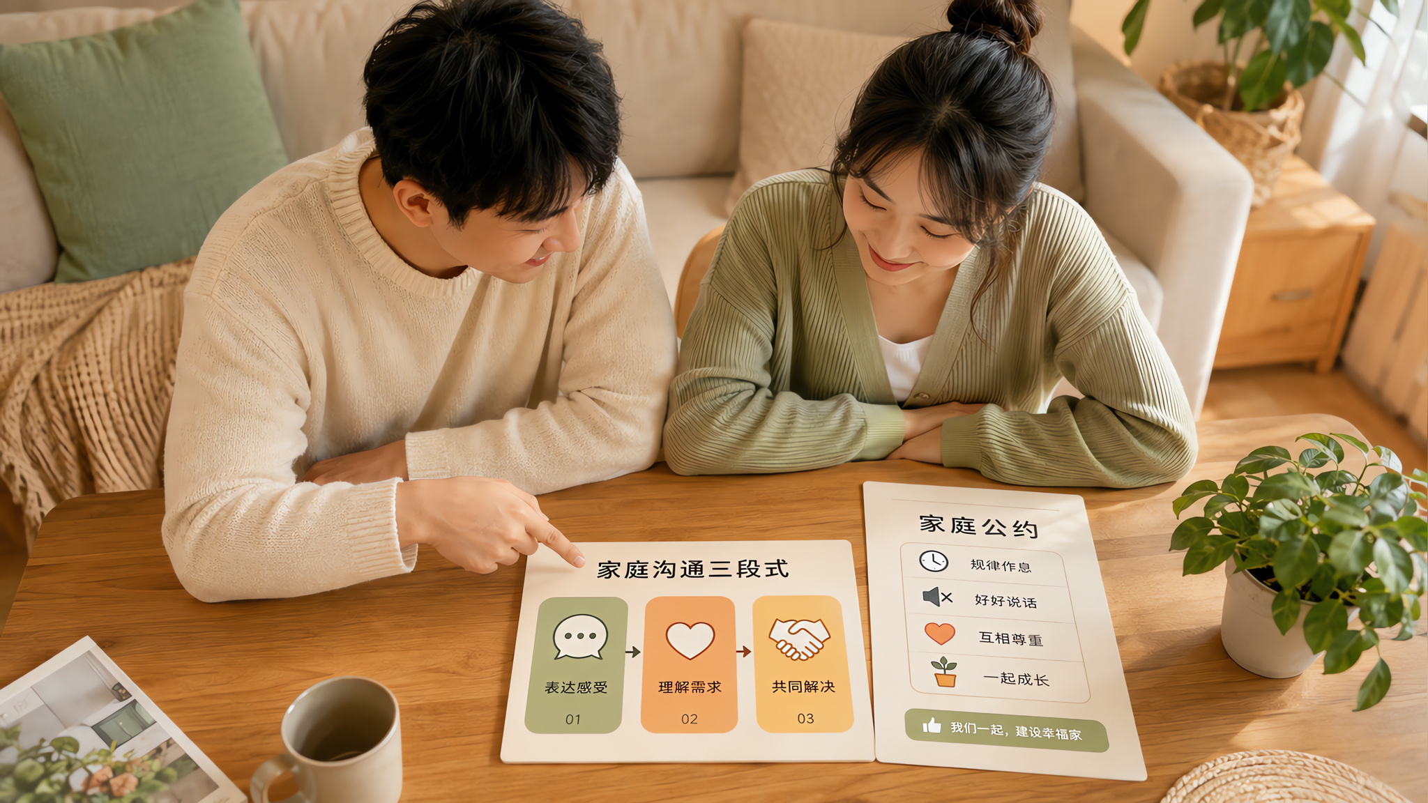 中国年轻夫妻在温馨客厅里并肩坐在餐桌旁,桌上放着一张“家庭沟通三段式”卡片和“家庭公约”清单,丈夫指