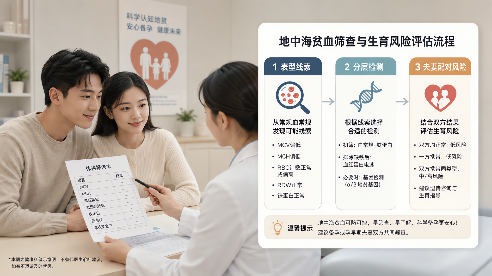 医学科普信息图风格画面,干净的流程图构图,画面中央是一张“表型线索→分层检测→夫妻配对风险”三段式流