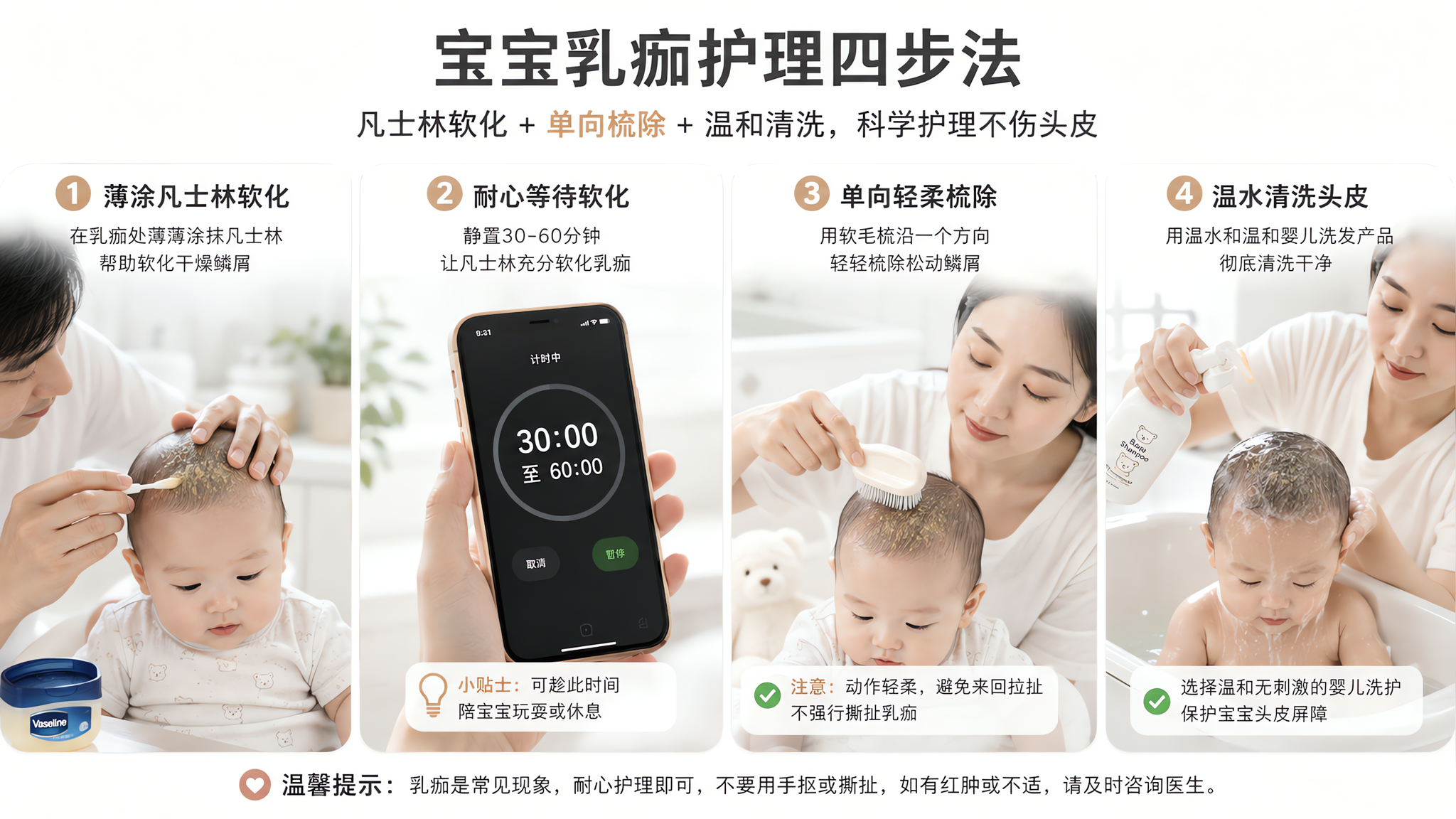 宝宝头顶黄硬壳别抠：凡士林软化30-60分钟再梳