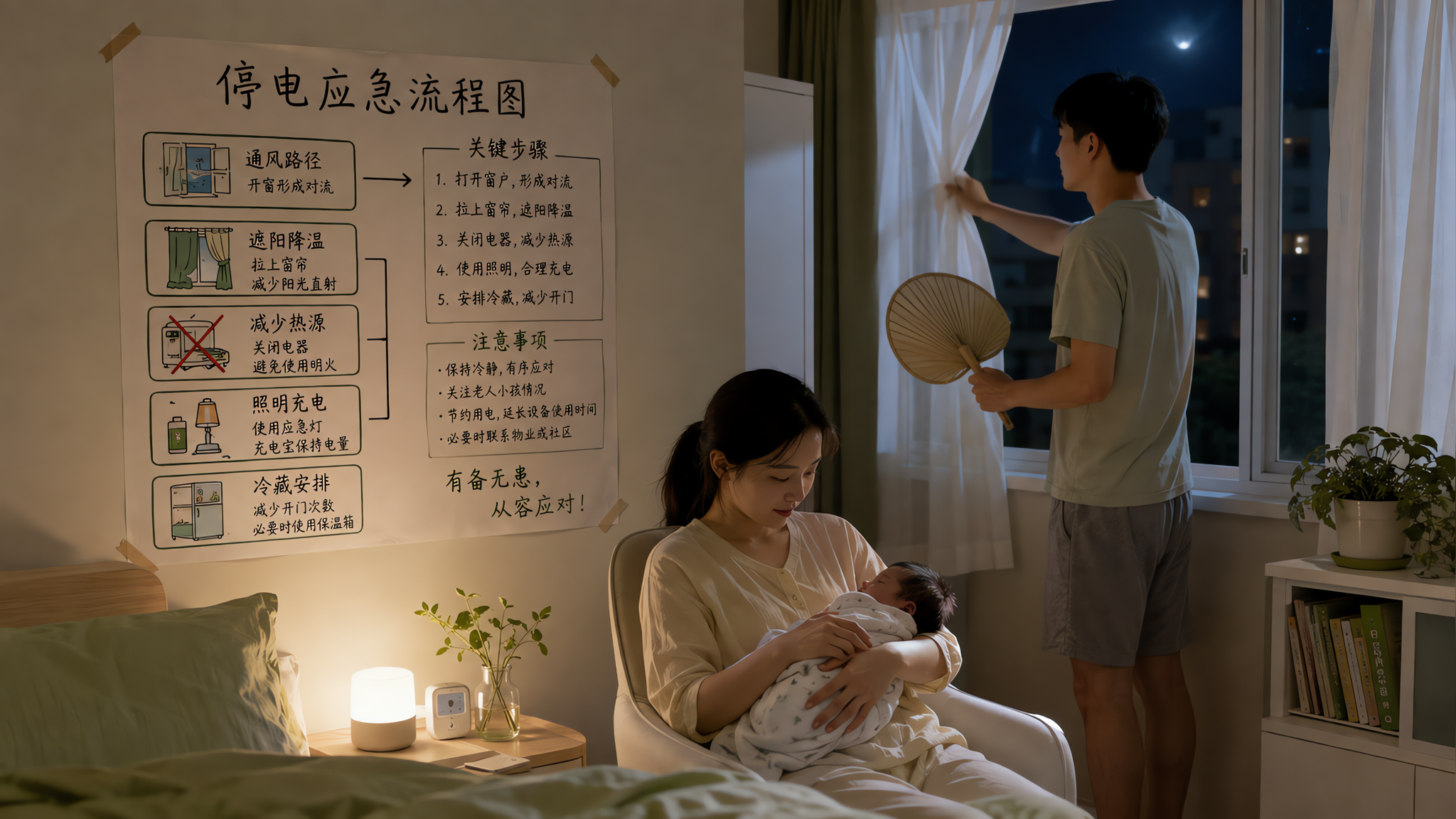 中国年轻父母在家中卧室的停电夜晚场景,妈妈抱着中国新生儿轻声安抚,爸爸在窗边调整窗帘与开窗形成对流,