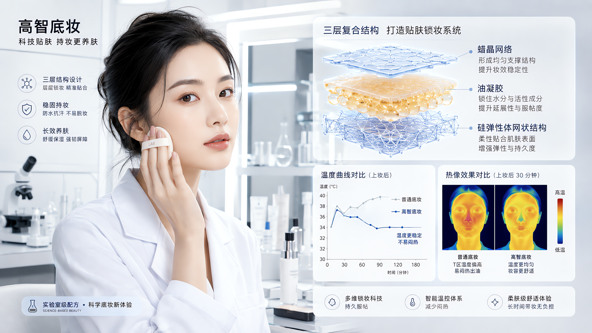 高智感科研风的美妆科普配图场景,中国年轻女性在明亮的实验室风梳妆台前进行底妆按压上妆动作,旁边悬浮半