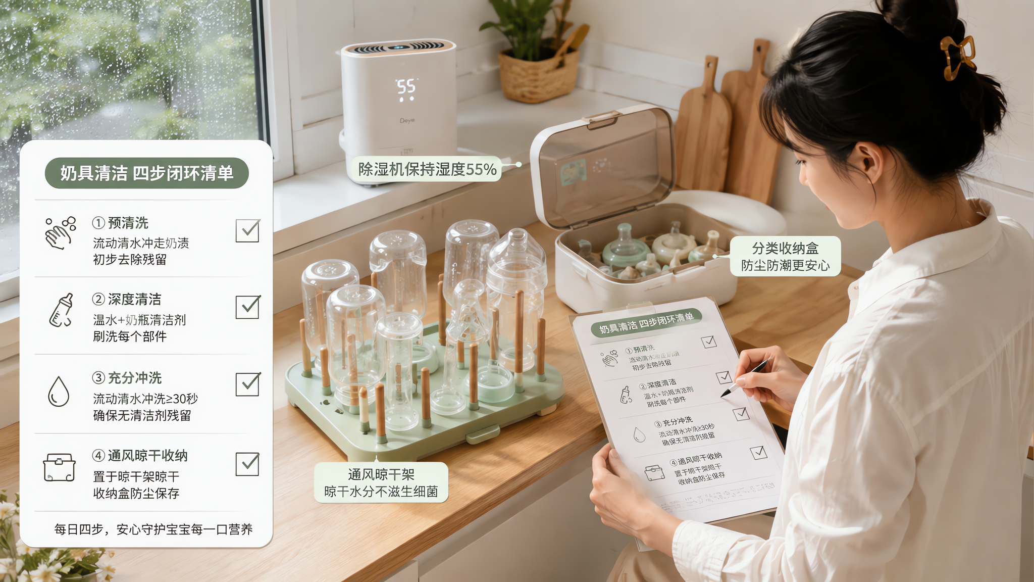 中国年轻妈妈在家庭厨房台面前整理奶具清洁流程，人物动作为将奶瓶、奶嘴、吸奶器部件分别放在通风晾干架与