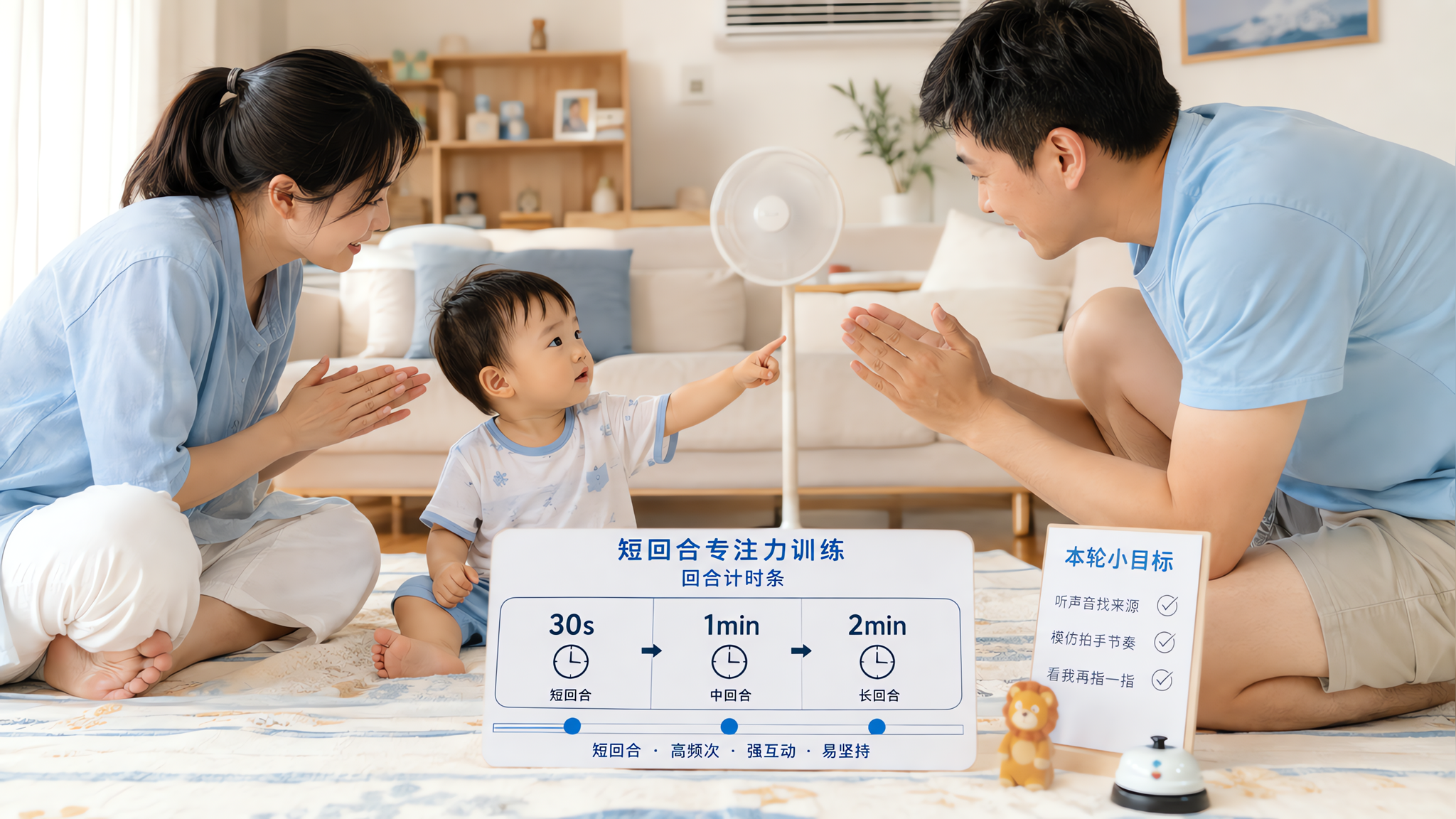 中国年轻父母在夏日明亮整洁的家庭客厅(地垫、风扇或空调出风口可见)陪1-3岁中国幼儿做“短回合”专注