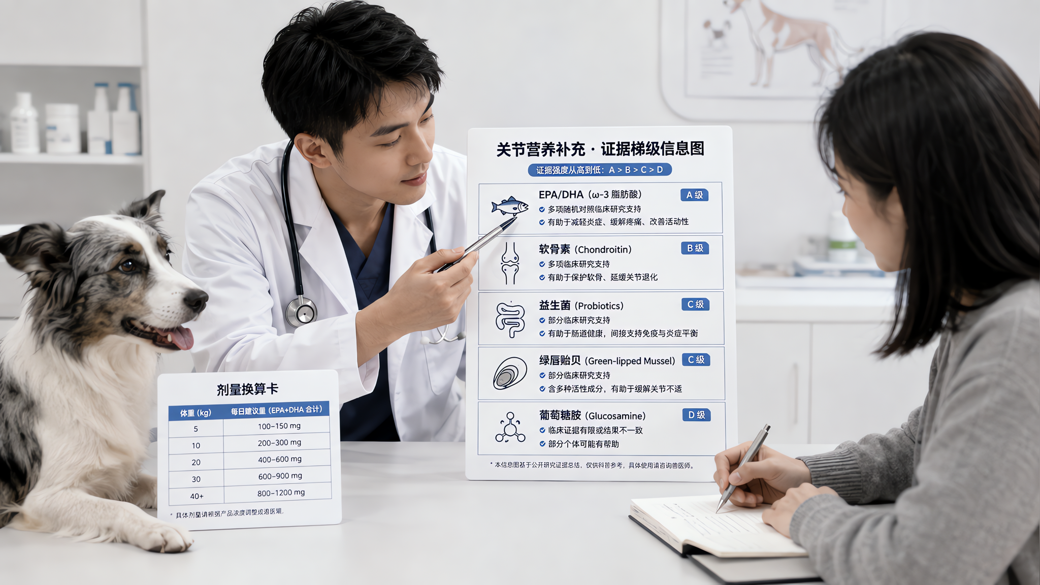 中国年轻兽医在简洁明亮的动物医院诊室里,桌面摆放“证据梯级信息图”和“剂量换算卡”两张纸卡,一旁有一