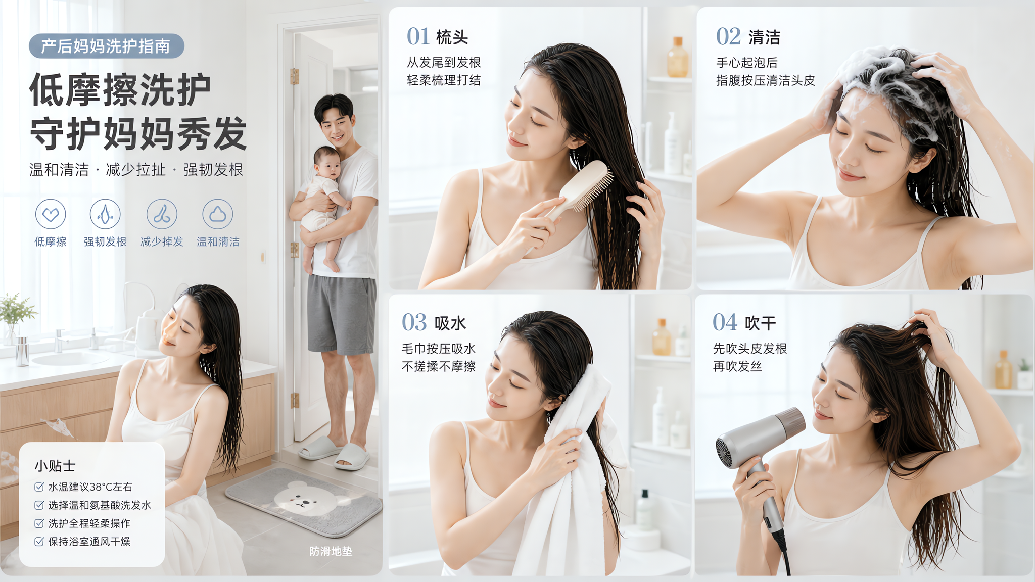 日系冷白干净排版风格的生活方式摄影插画结合画面,中国年轻产后妈妈在明亮整洁的浴室里进行低摩擦洗头与吹