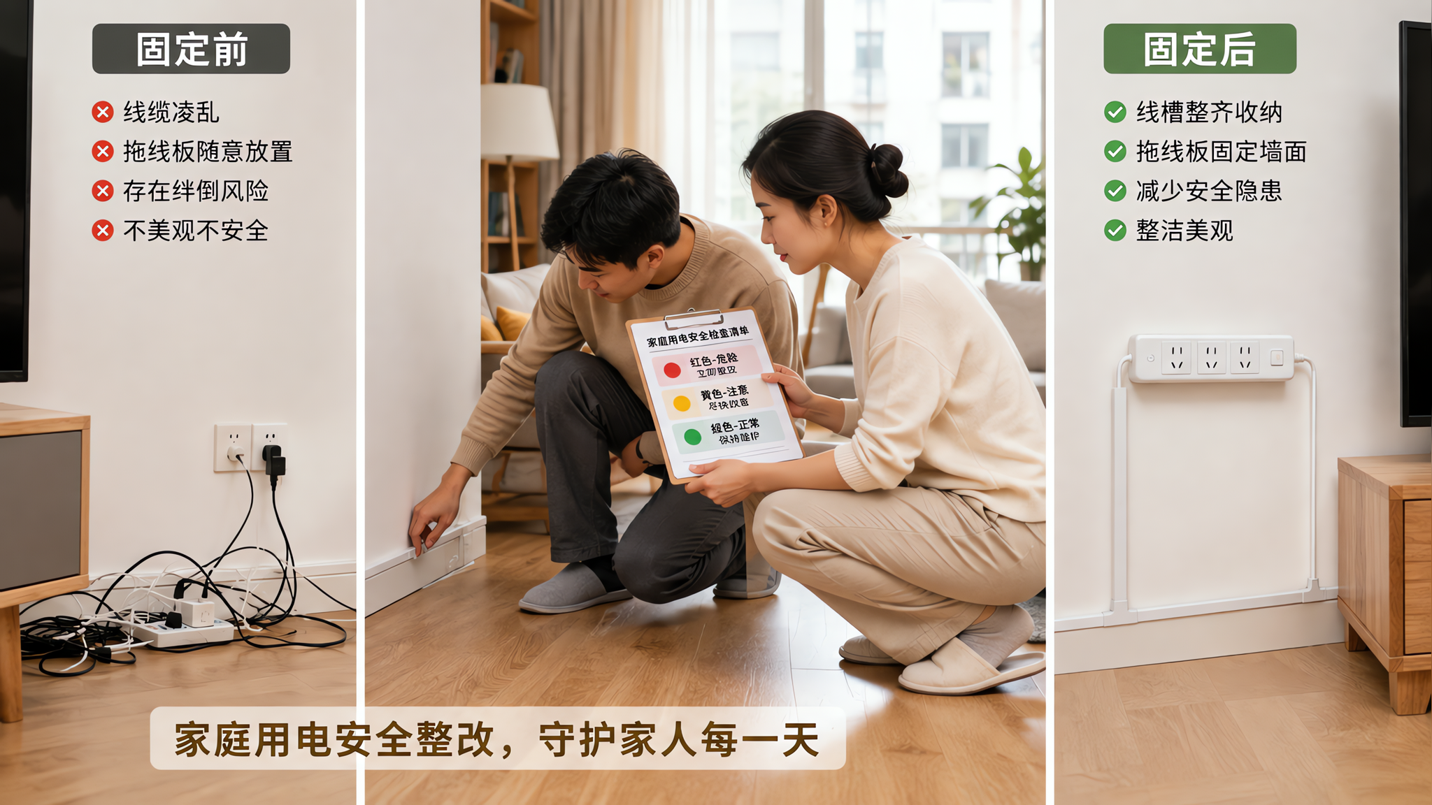 中国年轻父母在家中客厅进行家庭用电安全整改检查,一位爸爸蹲下查看墙角线槽与束线固定,妈妈在旁边拿着红